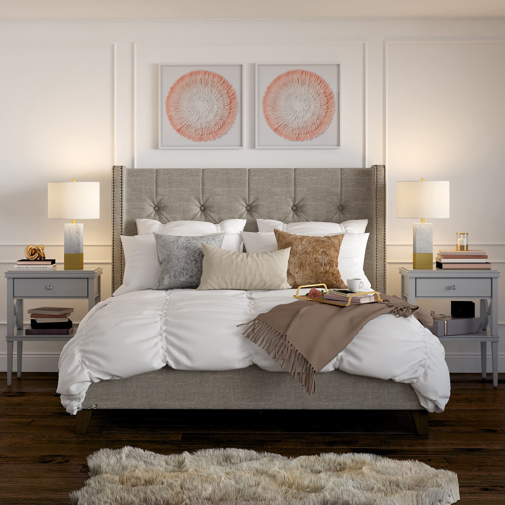 Henn&Hart 21.5" Tall Table Lamp With Fabric Shade In Marble And Brass/White, Lamp, Desk Lamp For Home Or Office