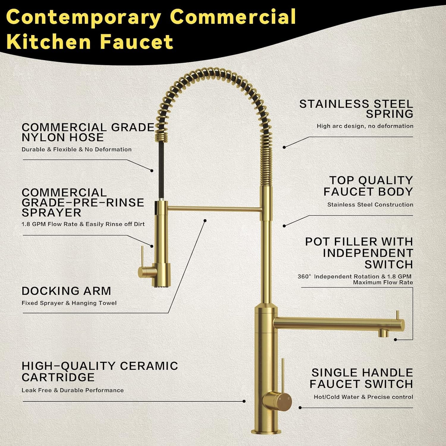 Cwm Brushed Gold Kitchen Faucet With Pull Down Sprayer And Pot Filler,2-Function High Arch Single Handle Commercial Style Kitchen Faucets With Spring Spout For Kitchen Sink,26.61Inch, Kh127