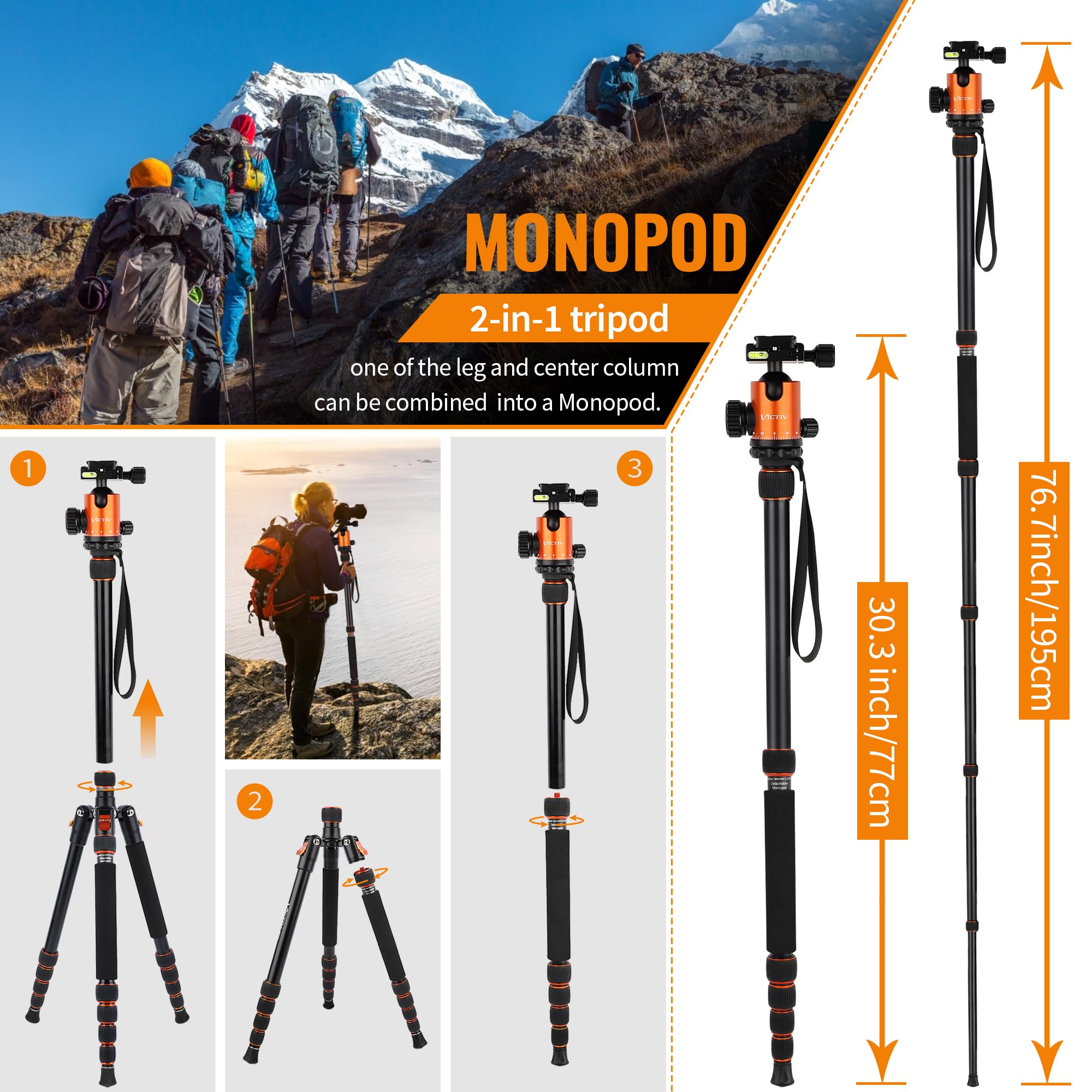 Victiv 80" Camera Tripod, Aluminum Heavy Duty Tripod Stand With 360° Ball Head, Camera Tripods & Monopods With Carry Bag, Suitable For Canon Nikon Binoculars Spotting Scope Telescope