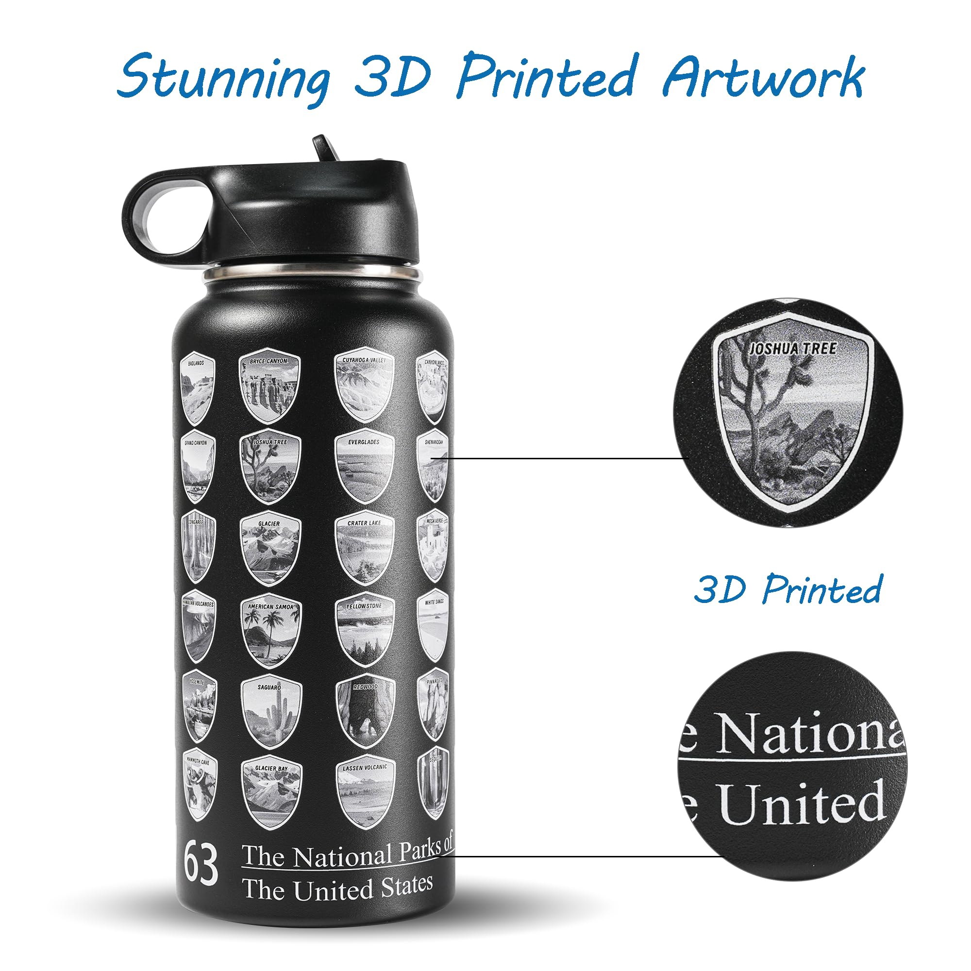63 National Parks Water Bottle With Stickers,3D Printed,32 Oz Travel Insulated Bottles