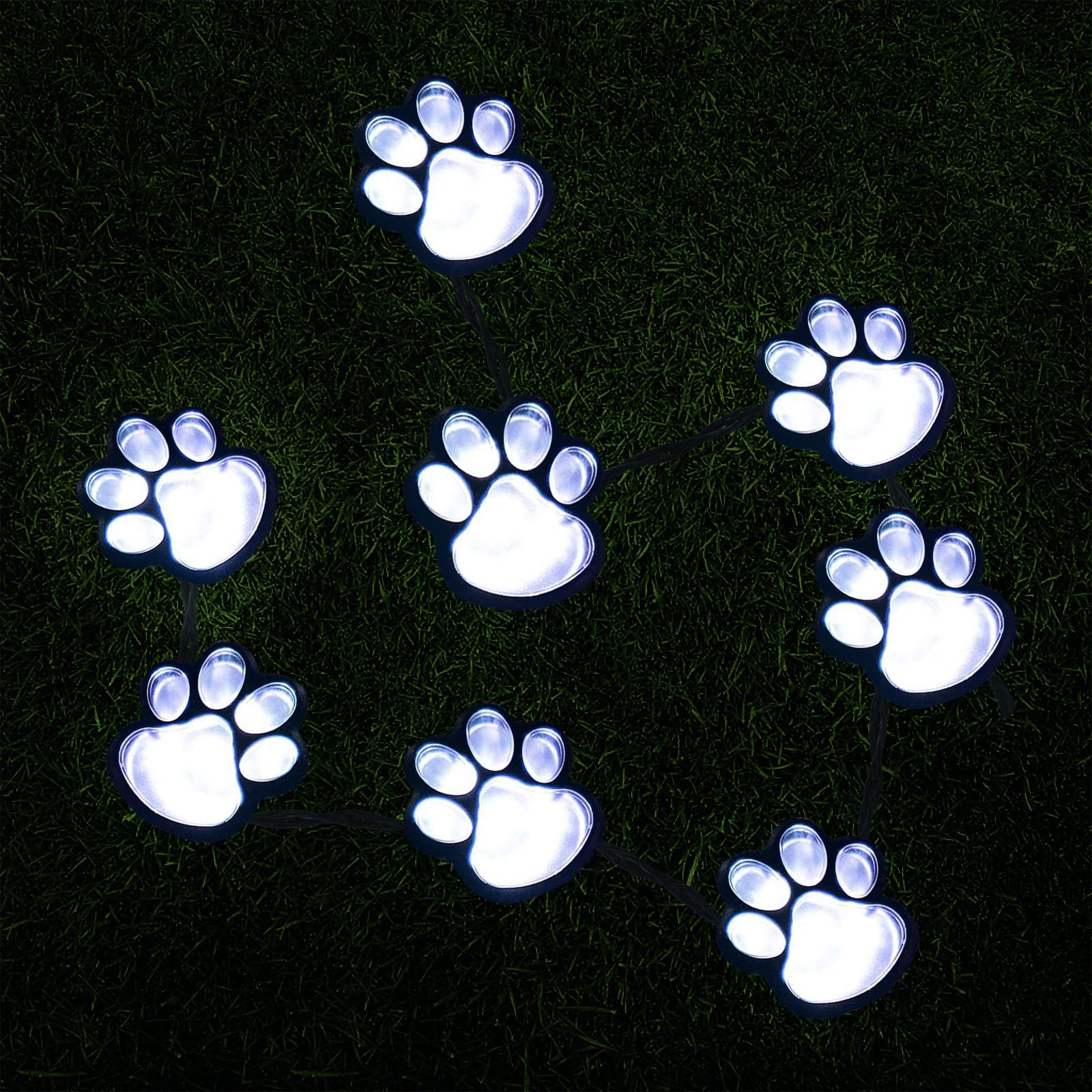 Aiddomm 16.8Ft Paw Print Solar Lights - Dog Cats Animal Solar String Lights (Set Of 8) Outdoor Waterproof, Cat Puppy Animal Decor Walkway Lighting, For Pet Lovers (Cold White)