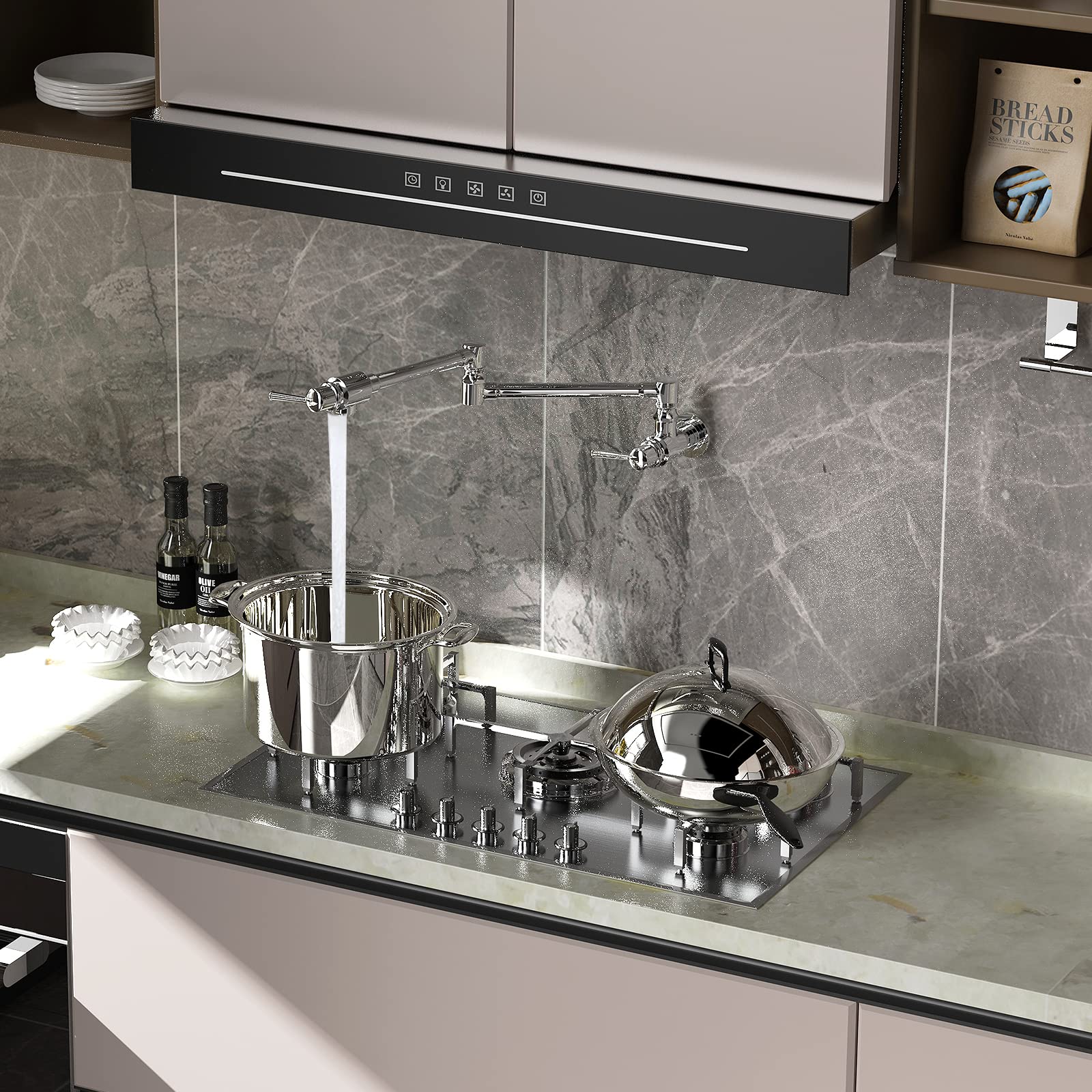 Cwm Pot Filler Faucet,Polished Stainless Steel Pot Filler,Swing Arm Folding Stretchable Wall Mount Commercial Kitchen Sink Faucet With Single Hole Two Handles,Over Stove Design For Space-Saving