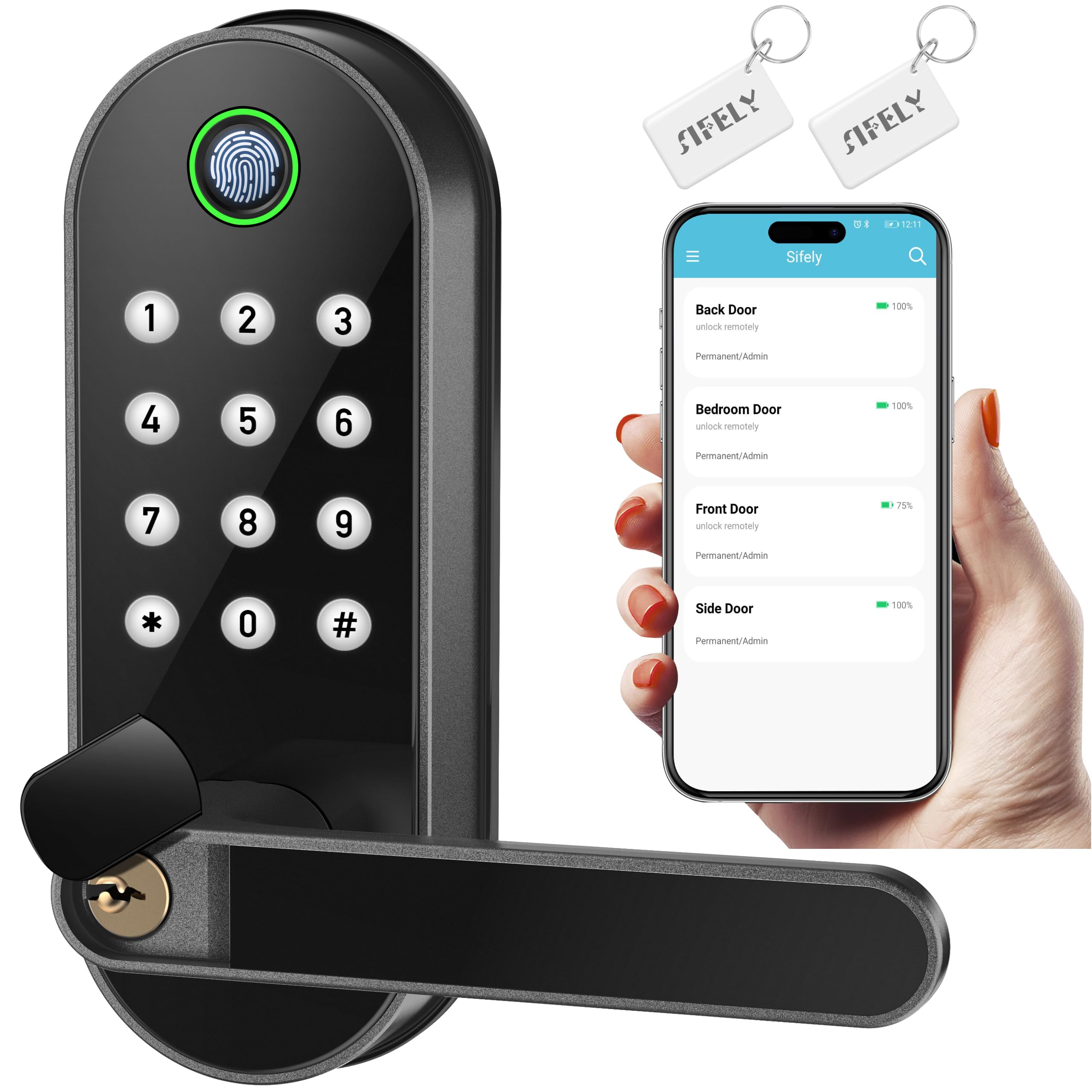 Sifely Keyless-Entry Fingerprint Smart Door Lock: Digital Electronic Lock With Code Passcode, Electric Door Knob, Biometric Door Handle, Perfect For Exterior/Interior/Entry/Bedroom Doors (Black)