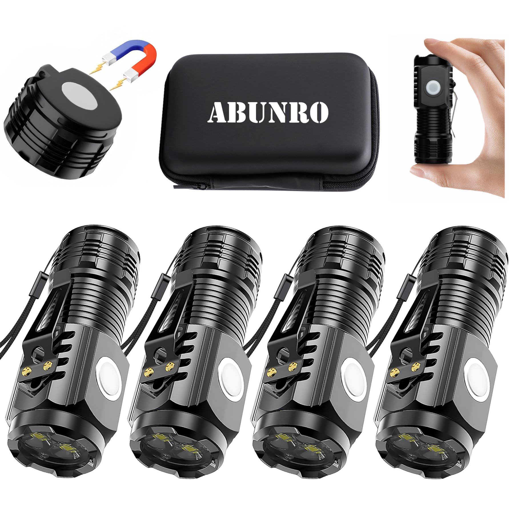 Abunro Small Flashlight Rechargeable, With Magnetic Base, 4 Pcs Bright 3 Led Flashlight, 5 Lighting Modes Portable Rechargeable Flashlights Small For Camping Home