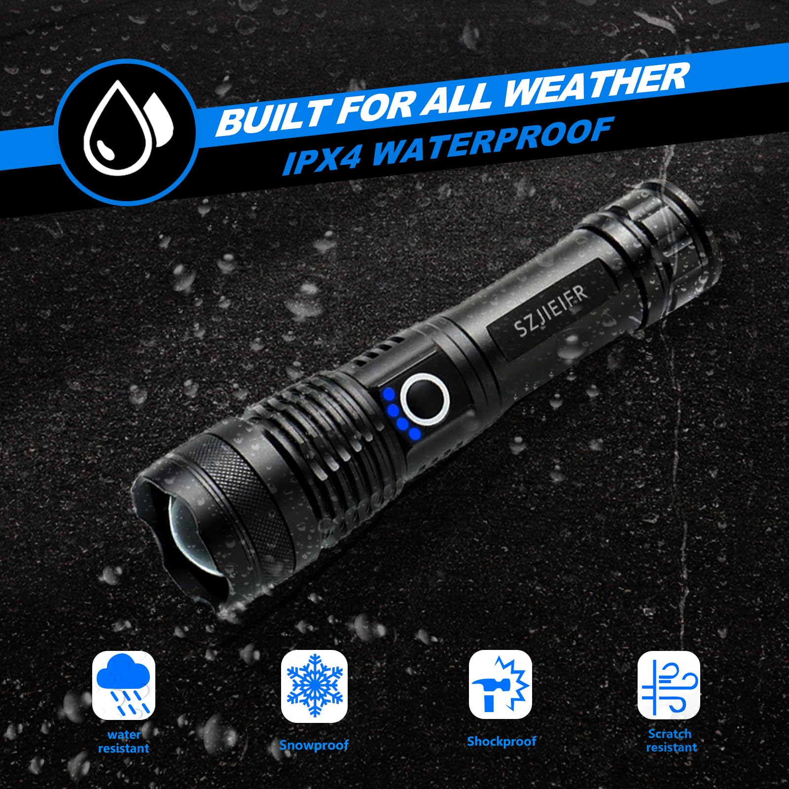 Szjieifr Led Rechargeable Utility Flashlight, 18650 Zoomable Flashlight With 5 Modes, Super Bright Long-Range Torch, Usb Fast Charging For Camping, Hiking, Emergency & Hurricane Supplies