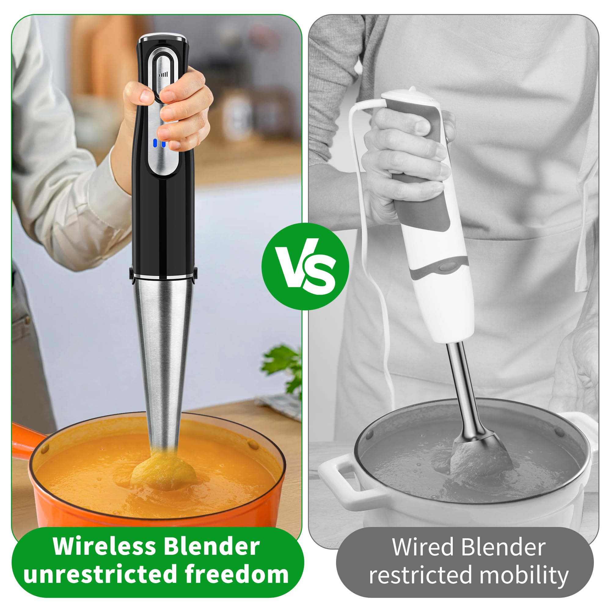 Binroc Cordless Immersion Blender Handheld, Rechargeable 4 In 1 Electric Hand Blender Stick Blender Variable Speed With Chopper, Beaker, Whisk, Stainless Steel Blade For Soup, Baby Food, Smoothies