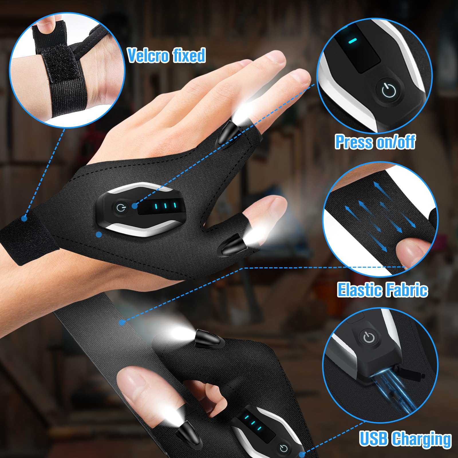 Hinshark Fathers Day Dad  From Daughter Son Wife, Led Flashlight Gloves Rechargeable, Fathers Day Cool  For Dad, Anniversary Birthday Mens  For Men Husband Grandpa, Camping Fishing