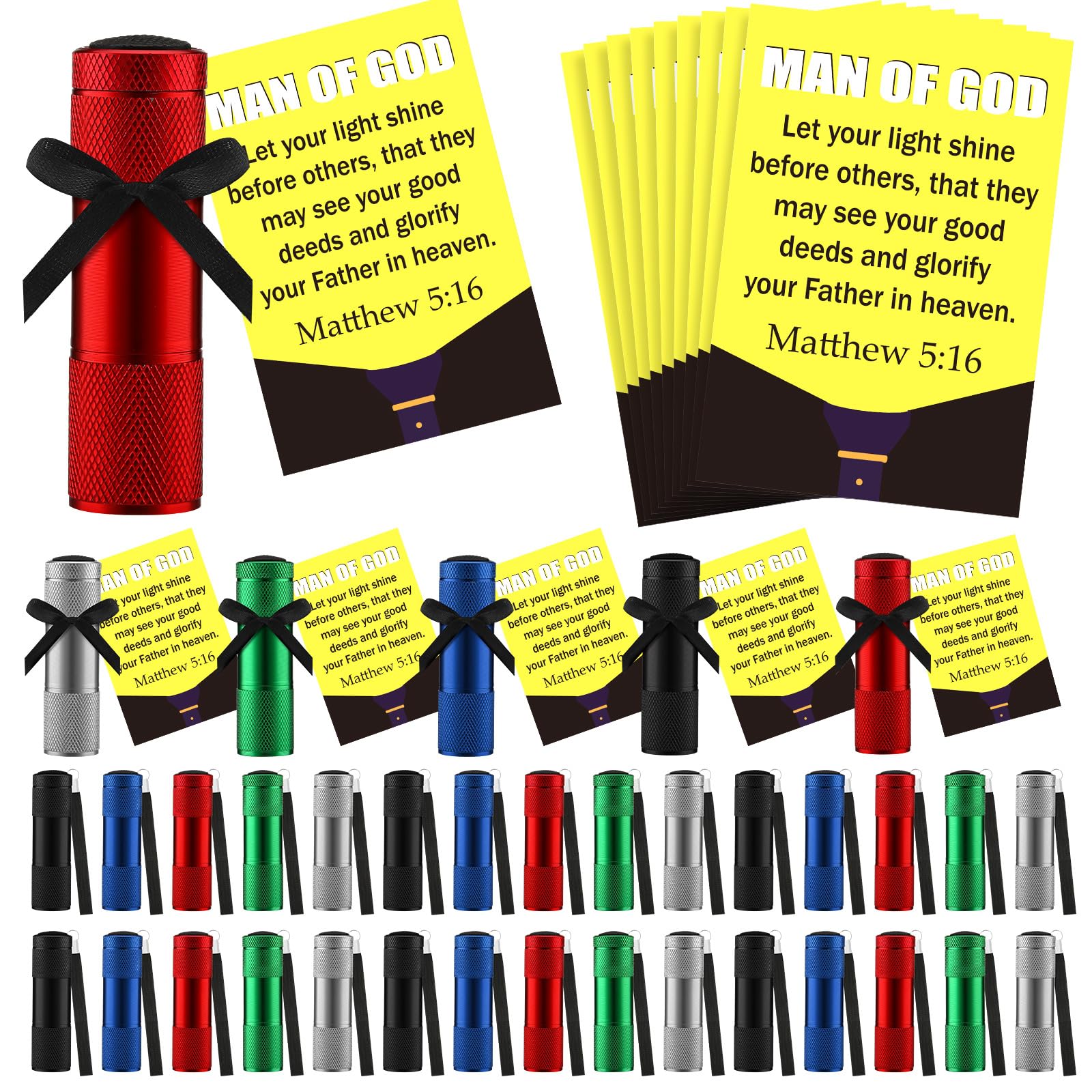 Vihose 50 Sets Father Church Mini Flashlights Bulk Bright Aluminum 9 Led Handheld Flash Light With Christian Bible Verse Cards For Thank You , Not Include Batteries