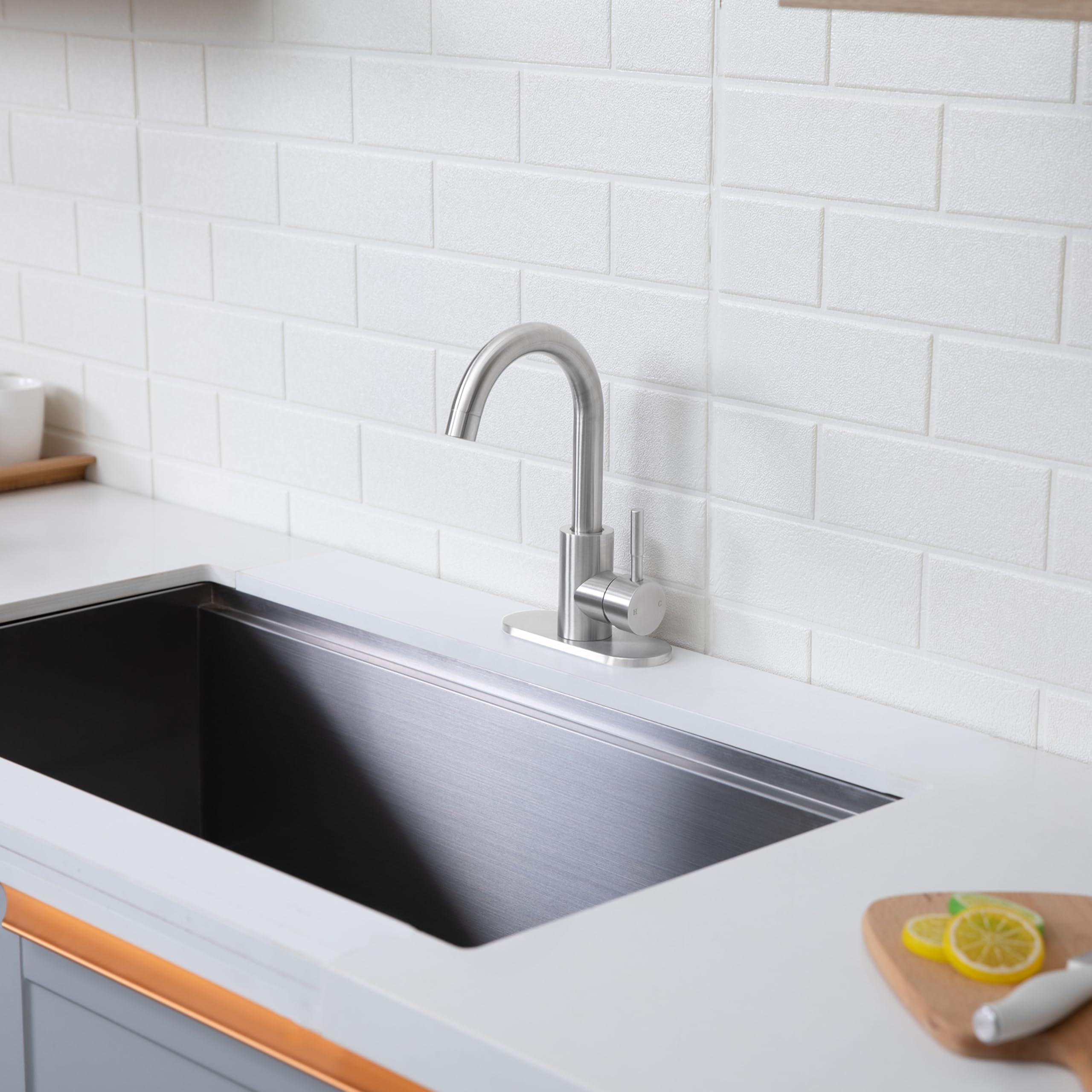 Comllen Wet Bar Sink Faucet, Brushed Nickel, Lead- 304 Stainless Steel, 360° Swivel, Single Handle, Small Prep Sink Faucets With Deck Plate For Rv Outdoor Laundry Vanity Lavatory