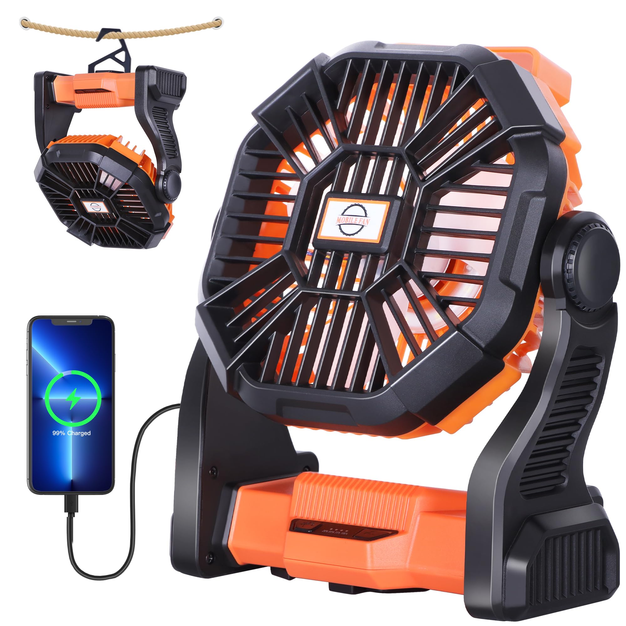 Rechargeable portable battery-powered fan with 270° pivot, perfect for camping and outdoor activities
