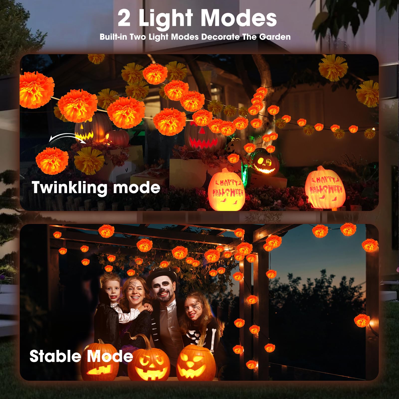 X-Giftkey Solar Marigold String Lights For Halloween Garland Decorations Outdoor,19Ft 30Led Marigold Flowers Halloween Lights,Solar Halloween String Lights For Porch Window Yard Garland Decor