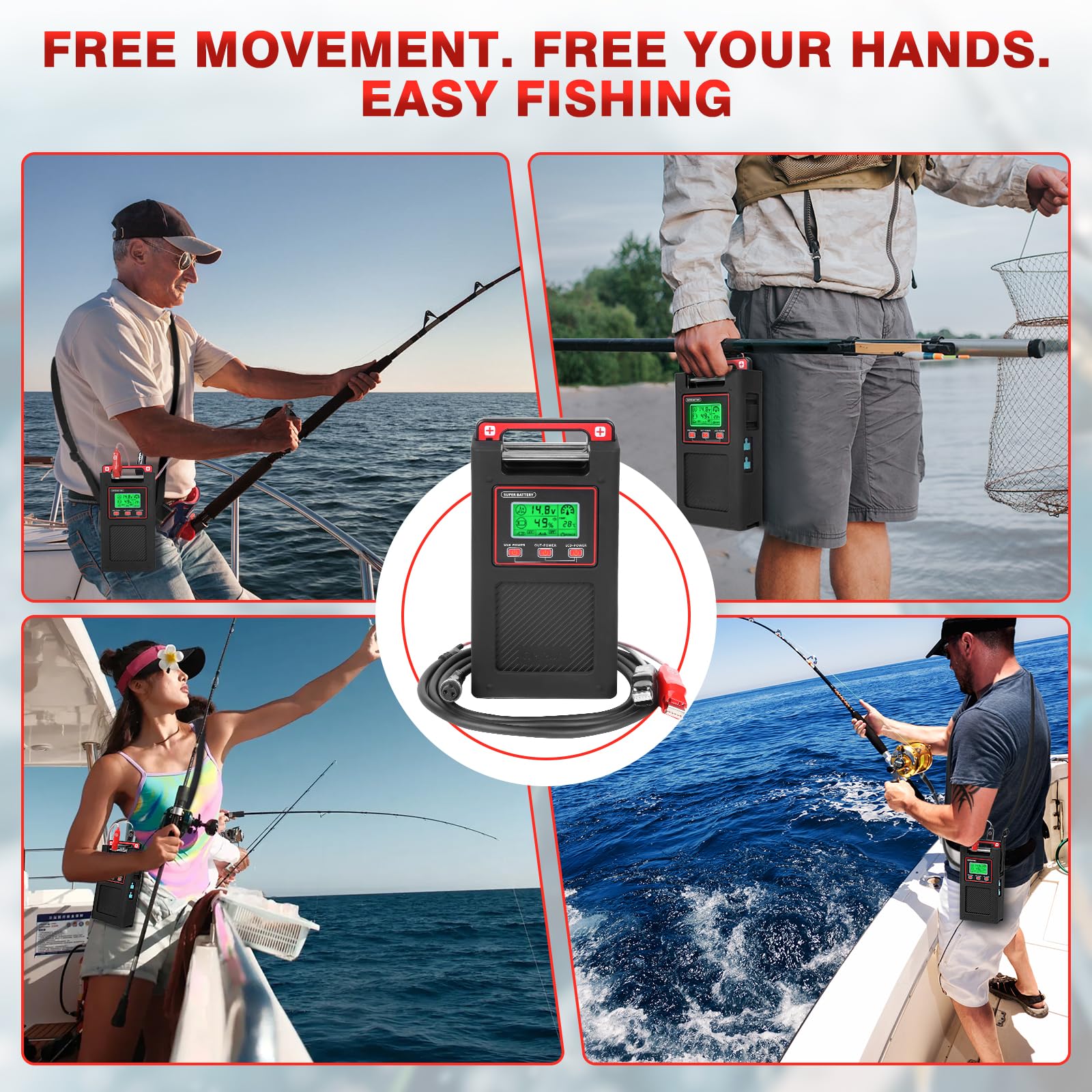 Yl-Hlot Electric Reel Battery. 14.8V 20000Mah. Includes 1.5M Connecting Cable. Power Output. Usb Port. Display. Three Modes Turn On Or Off Individually. Smarter Battery Make Fishing More Fun.