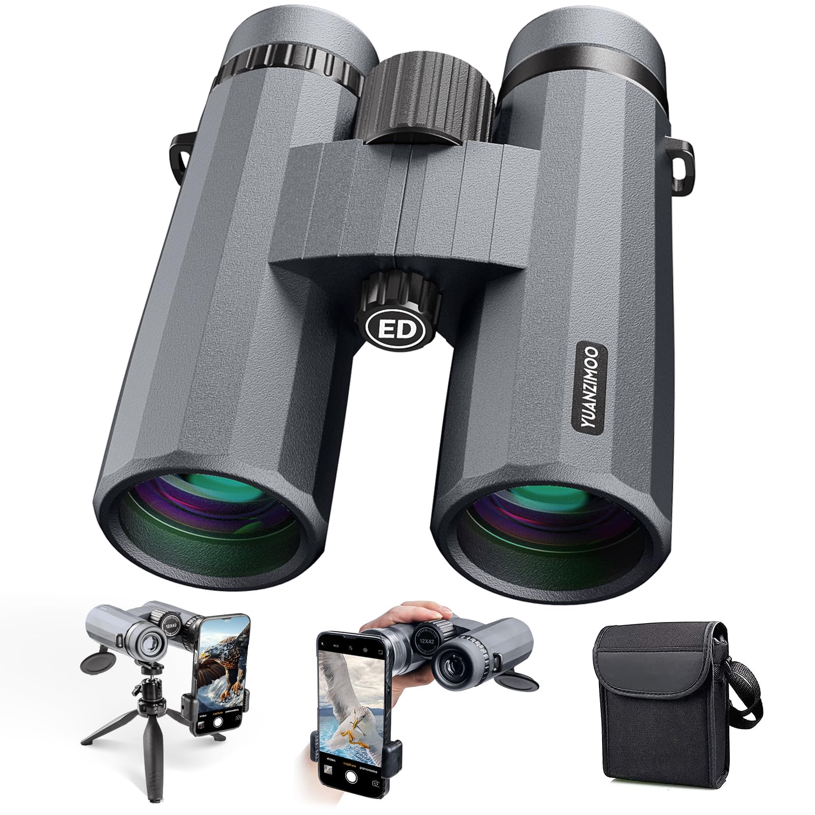 Yuanzimoo 12X42 Binoculars For Adults High Powered Binoculars Waterproof Compact Binoculars With Low Light Night Vision For Hunting Outdoor Sports Concerts Bird Watching Grey