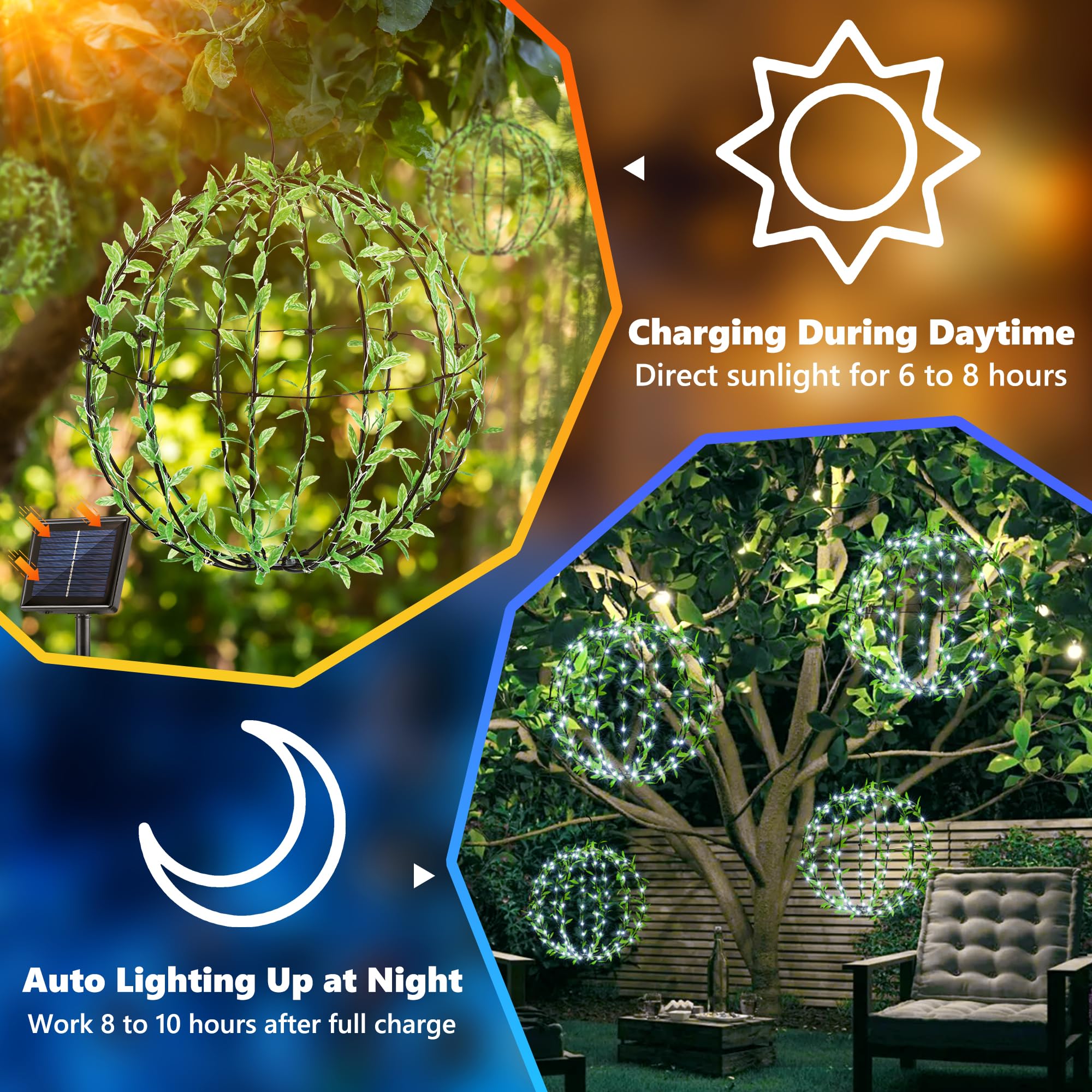 Flacchi Solar Powered Hanging Iron Sphere Lights With Artificial Greenery – 12Inch 120 Led Waterproof Outdoor Decor Ball Light With Timer & 8 Modes – 2 Pack For Garden, Christmas, Weddings (Cool White)