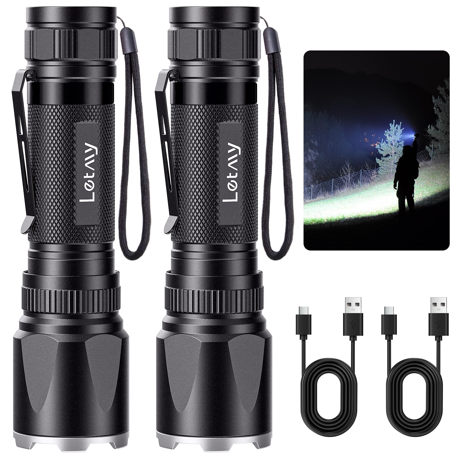 Letmy Rechargeable Flashlights High Lumens, 2 Pack 20000 Lumens Super Bright Led Tactical Flashlight, 3 Modes Samll Powerful Flash Lights With Clip, Waterproof Flashlights For Home Emergency Camping