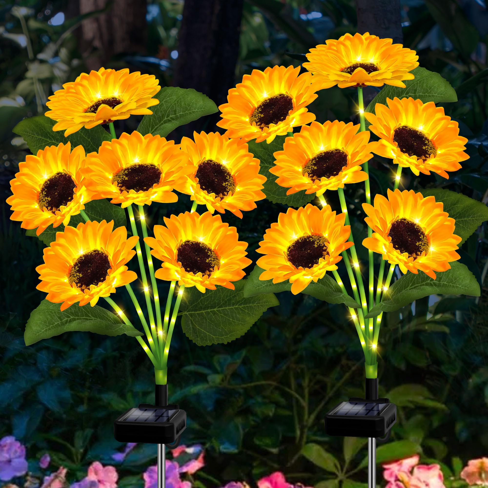Yulloyello 2 Pack With 12 Solar Sunflower Garden Lights Warm White Led Outdoor Decorative Stake Lights For Yard, Patio, Lawn, Pathway, Ip65 Waterproof, Ideal Gift For Women, Mom, Grandma, Friends