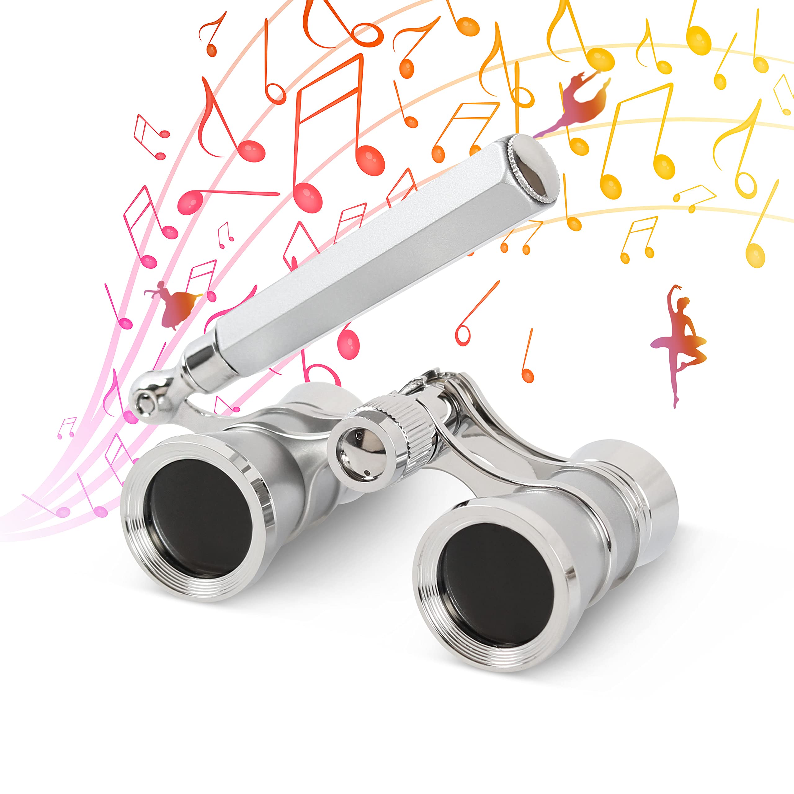 Aomekie Opera Glasses Binoculars 3X25 Lorgnette Theater Glasses Mini Binocular Compact With Handle For Adults Kids Women In Musical Concert(Silver)
