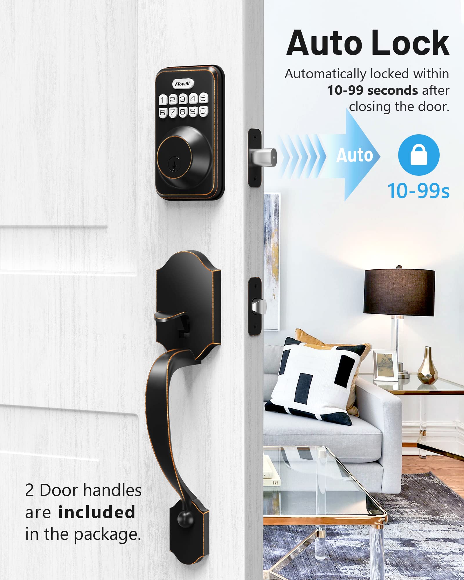 Zowill Keyless Entry Door Lock Set, Electronic Keypad Deadbolt With 2 Handles, Front Door Handle Lever Sets, Auto Lock,Code Door Lock,Oil-Rubbed Bronze