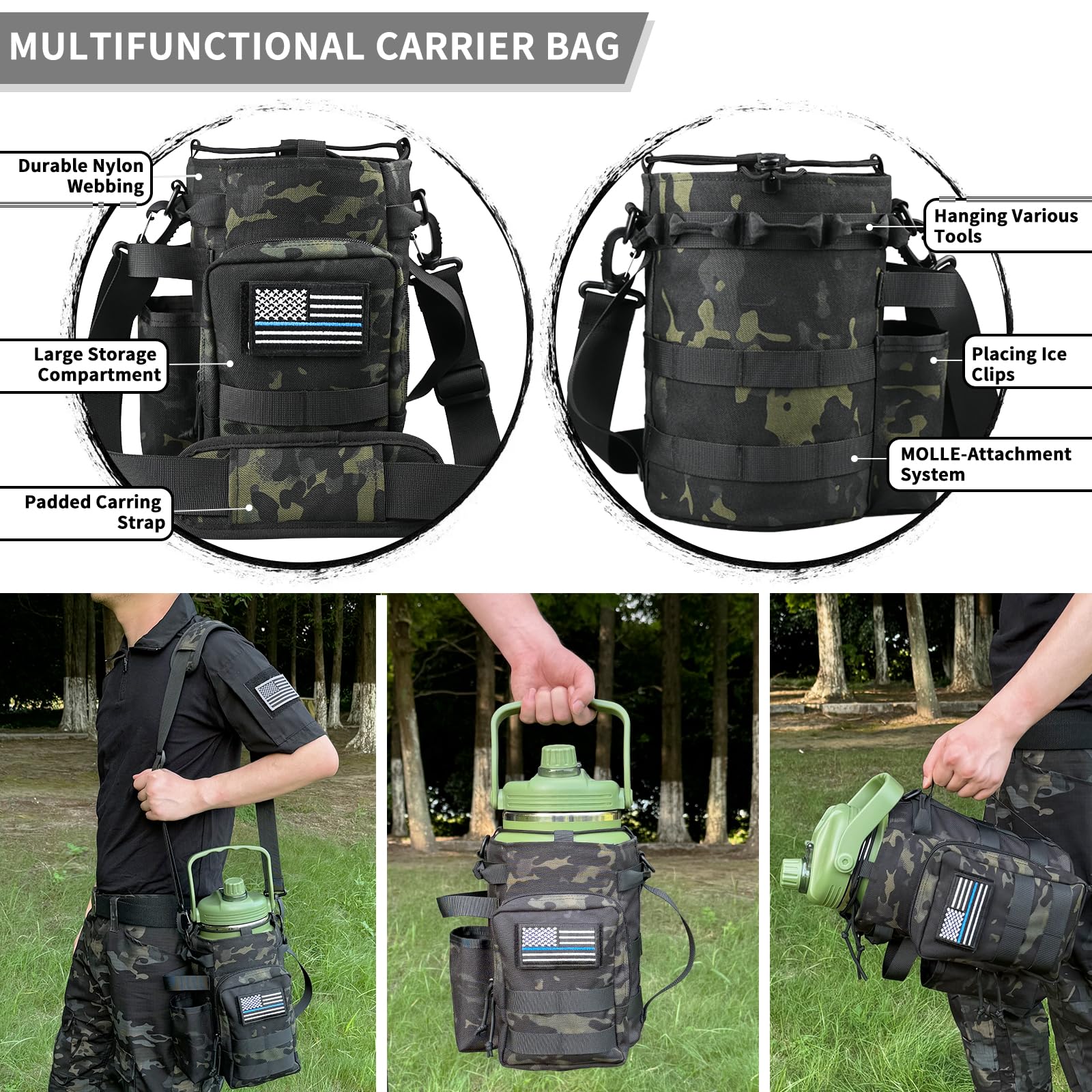 1 Gallon Water Bottle With Military Style Bottle Holder Bag Insulated Stainless Steel Water Jug