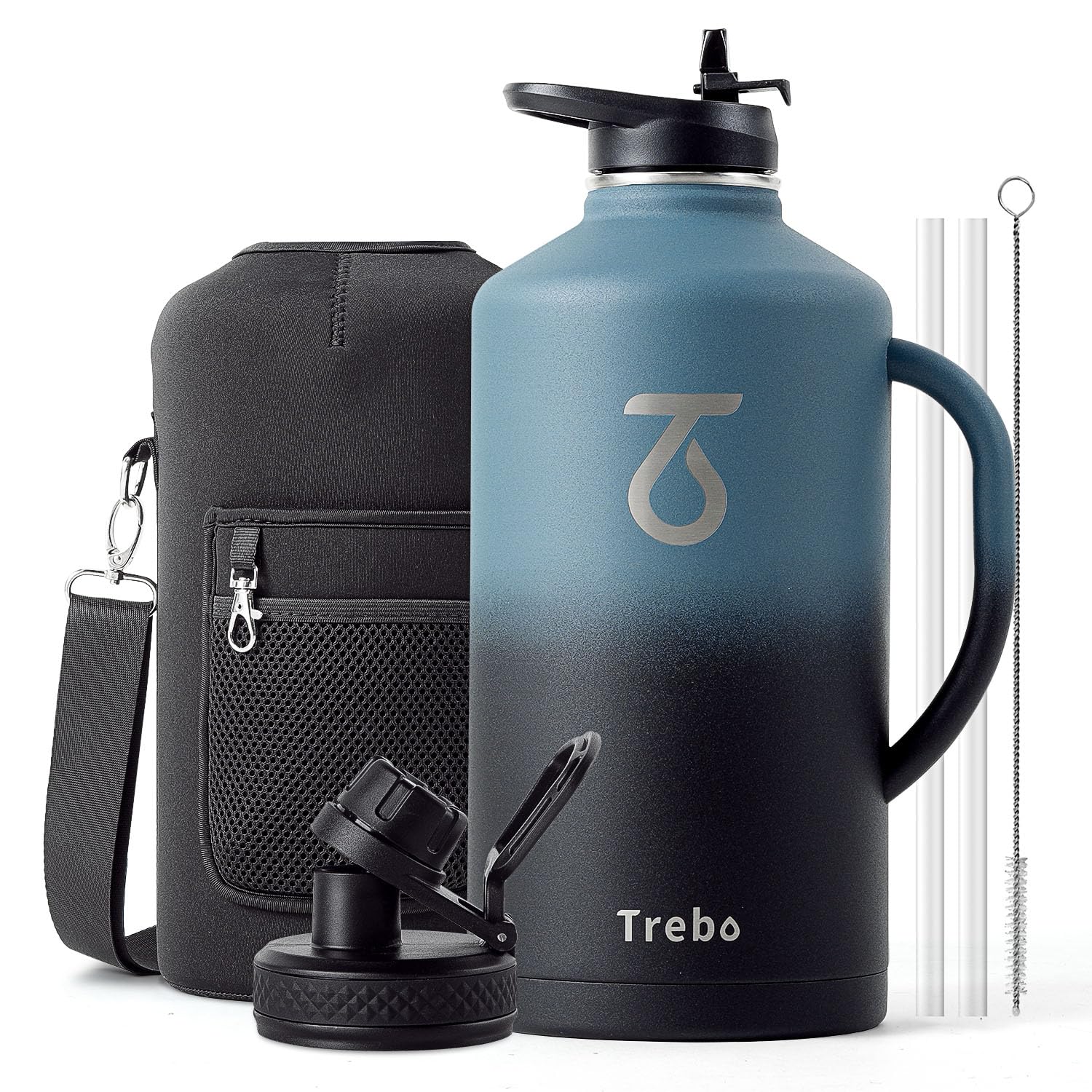 Trebo 128 Oz Water Bottle Insulated With Handle, One Gallon Stainless Steel Metal Large Jug, Travel
