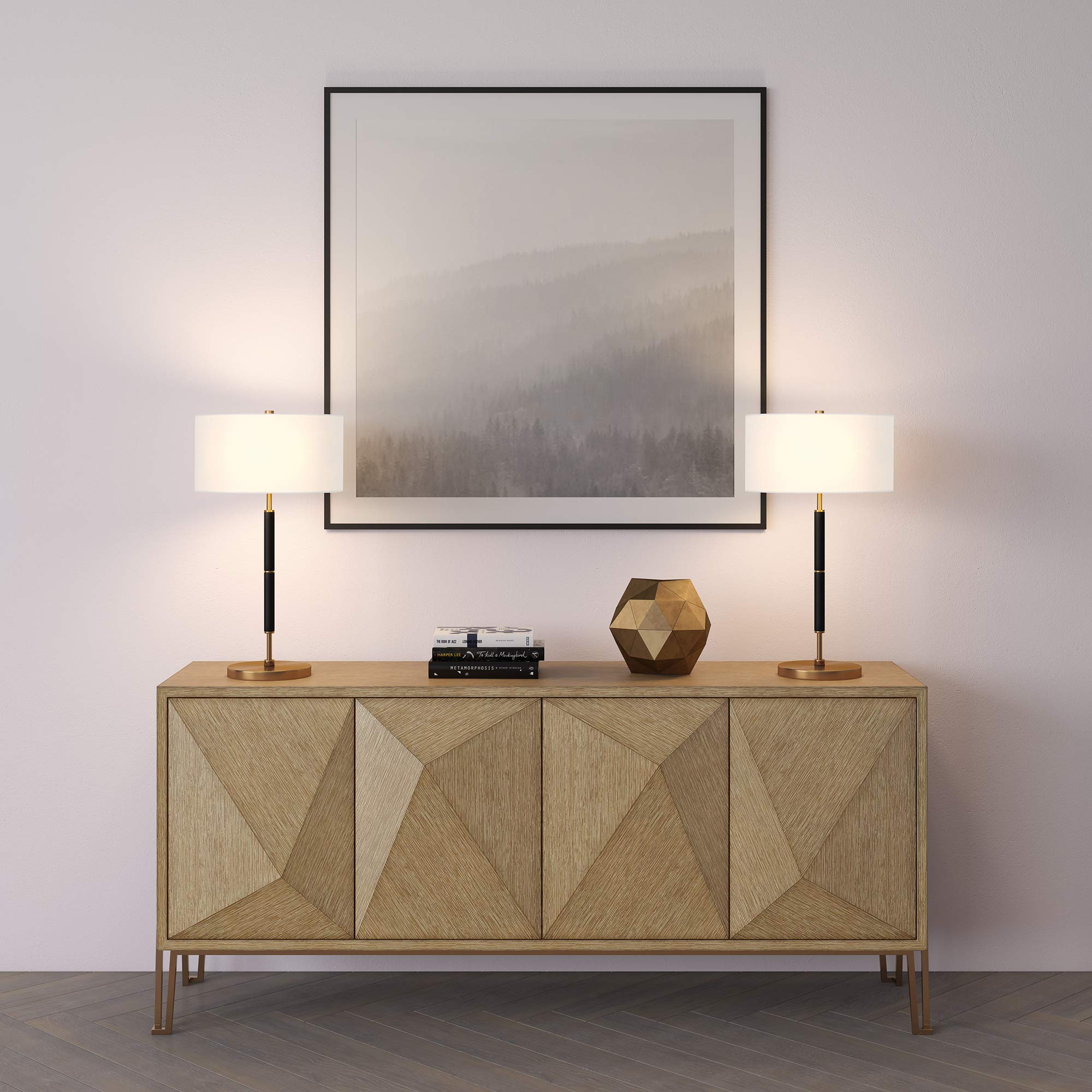 Henn&Hart 25" Tall 2-Light Table Lamp With Fabric Shade In Black/Brass/White, Lamp, Desk Lamp For Home Or Office