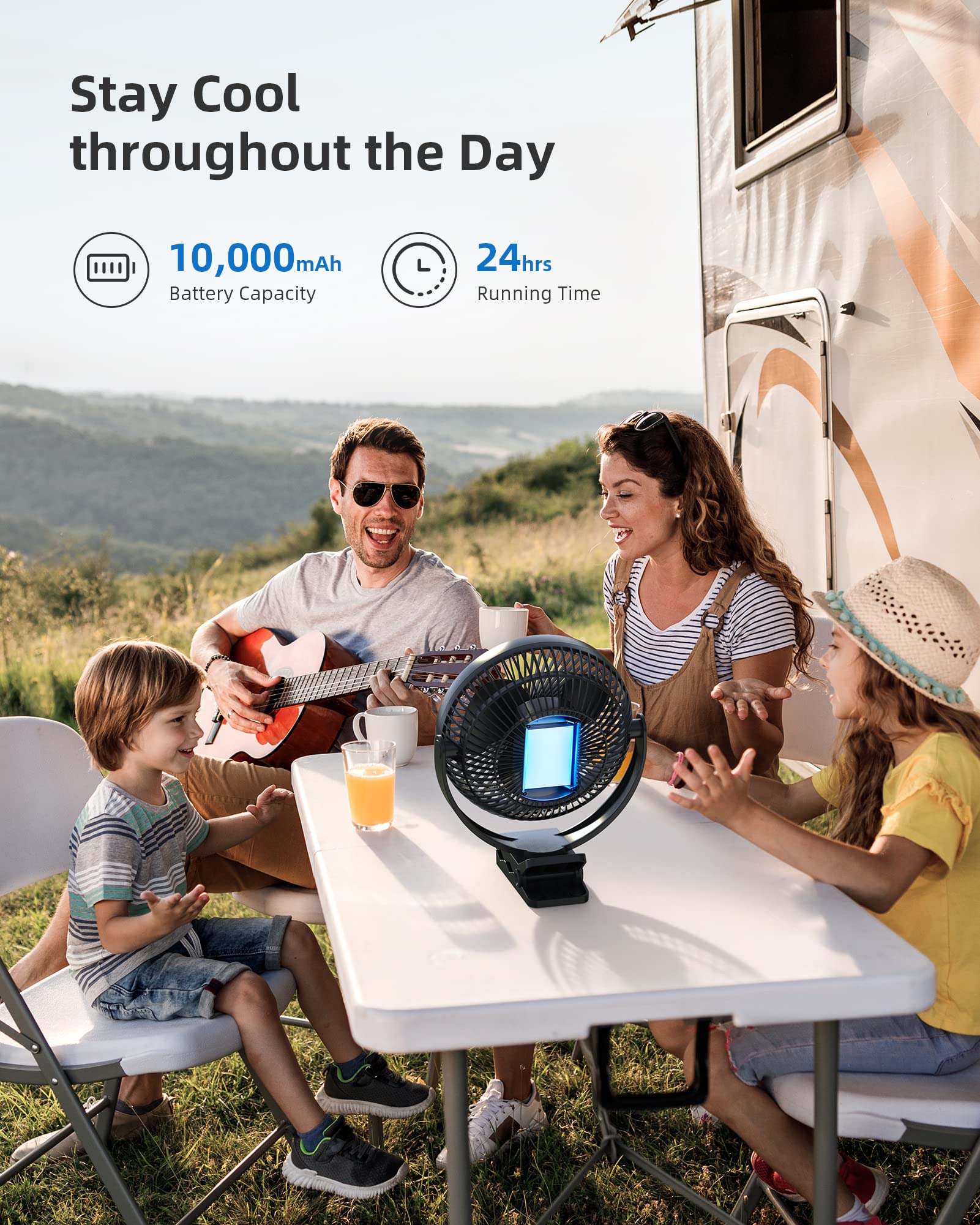 Koonie 10000mAh Clip on Fan Rechargeable, 8-Inch Battery Operated Desk Fan, USB Fan, 4 Speeds, Strong Airflow, Sturdy Clamp - Koospark