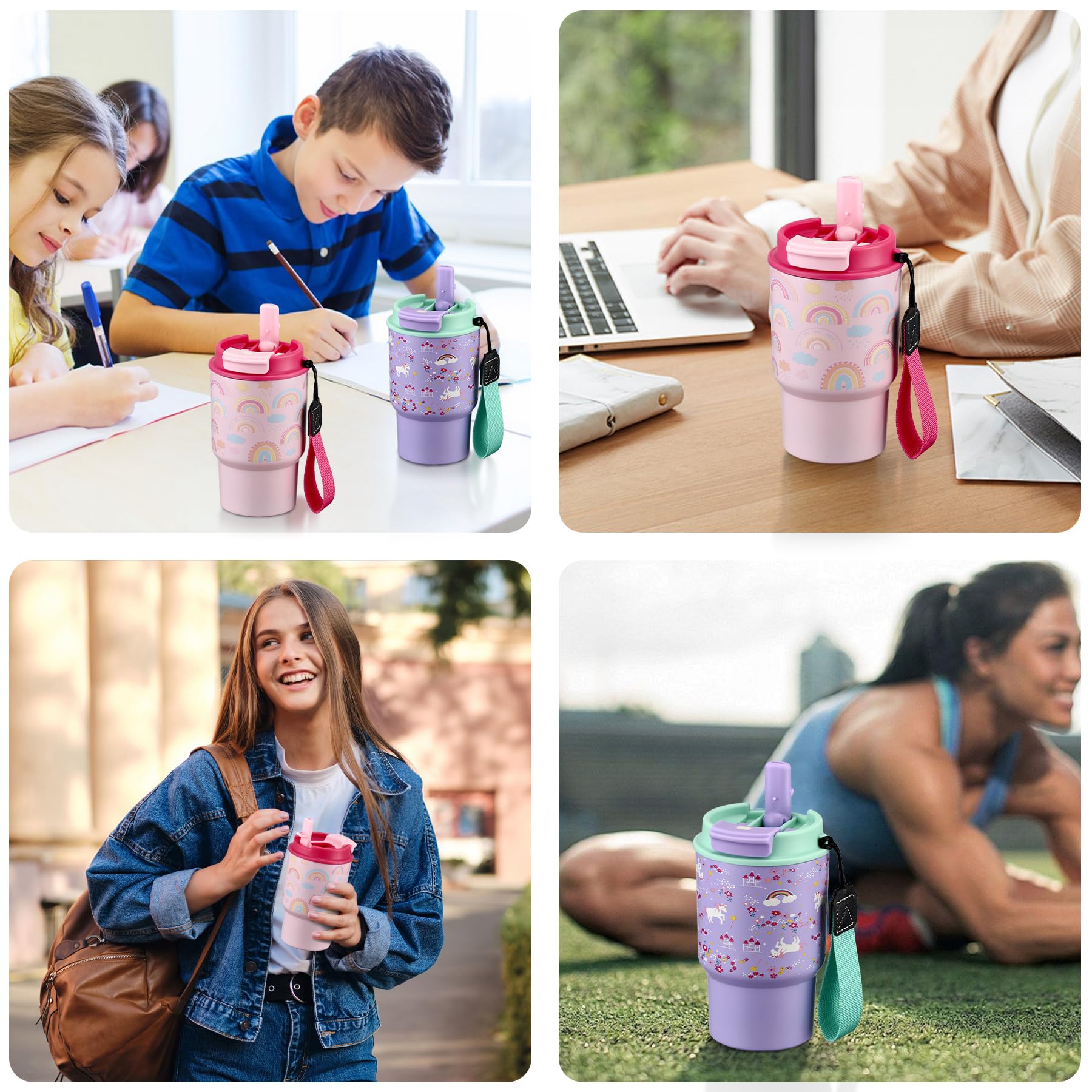13.5Oz Kids Insulated Tumbler With Straw,2 Pack Kids Insulated Water Bottle Stainless Steel Double