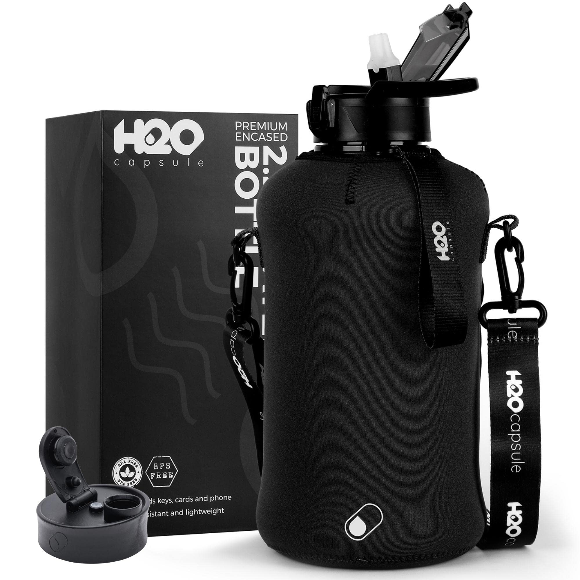 H2O Capsule 2.2L Half Gallon Water Bottle With Storage Sleeve And Covered Straw Lid