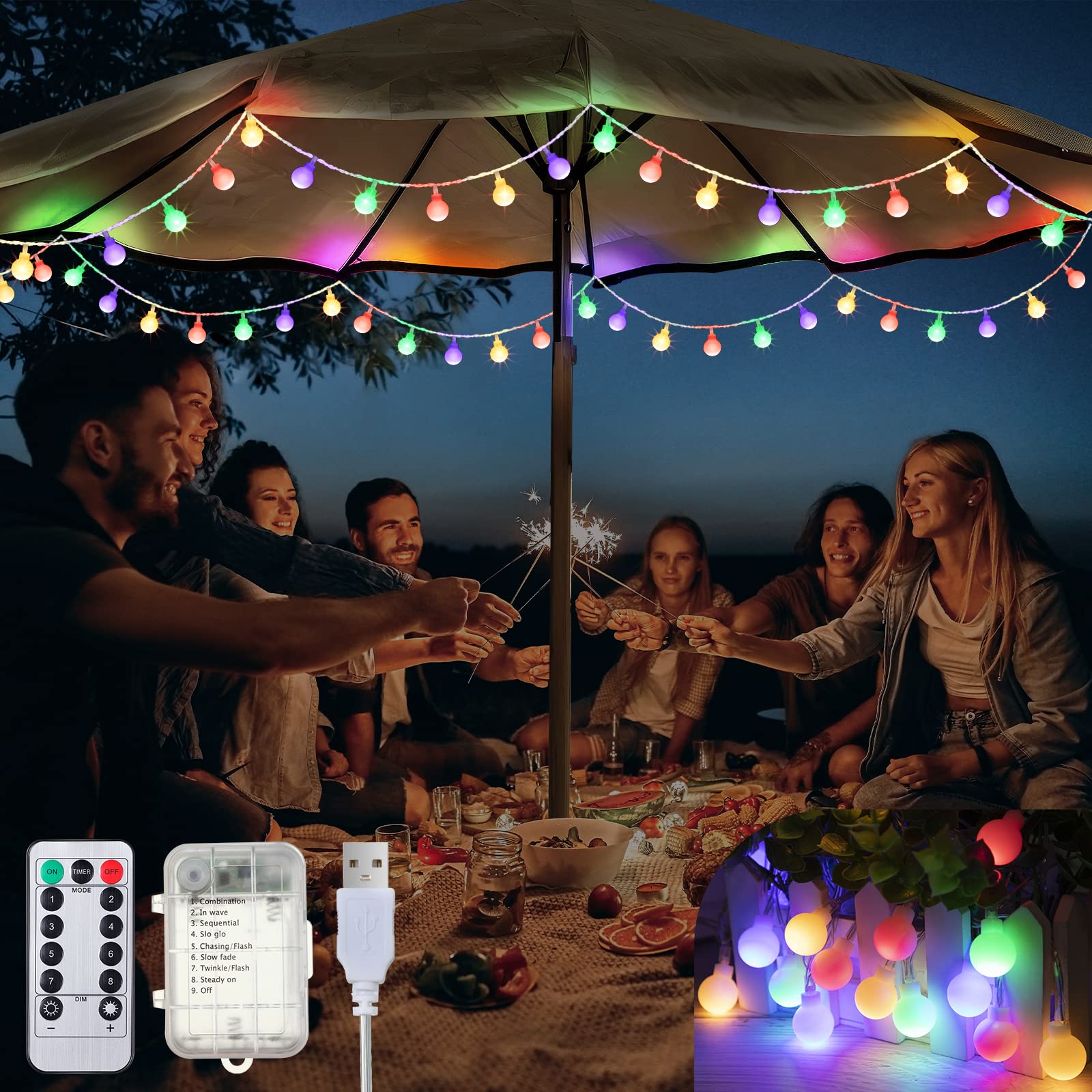 Enhon Globe String Lights, 36 Ft 64 Led Outdoor String Lights, 8 Lighting Modes Fairy Light With Remote Control Battery & Usb Powered, Color Changing Light For Outdoor Indoor Bedroom Garden Party
