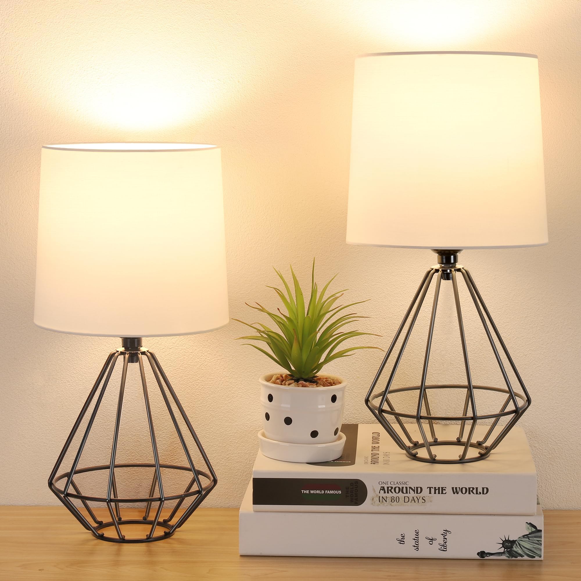 Ggoying Set Of 2 Bedside Table Lamp, Black Metal Modern Lamp With White Fabric Shade, Simple Side Lamp For Living Room,Bedroom,Home,Office Working