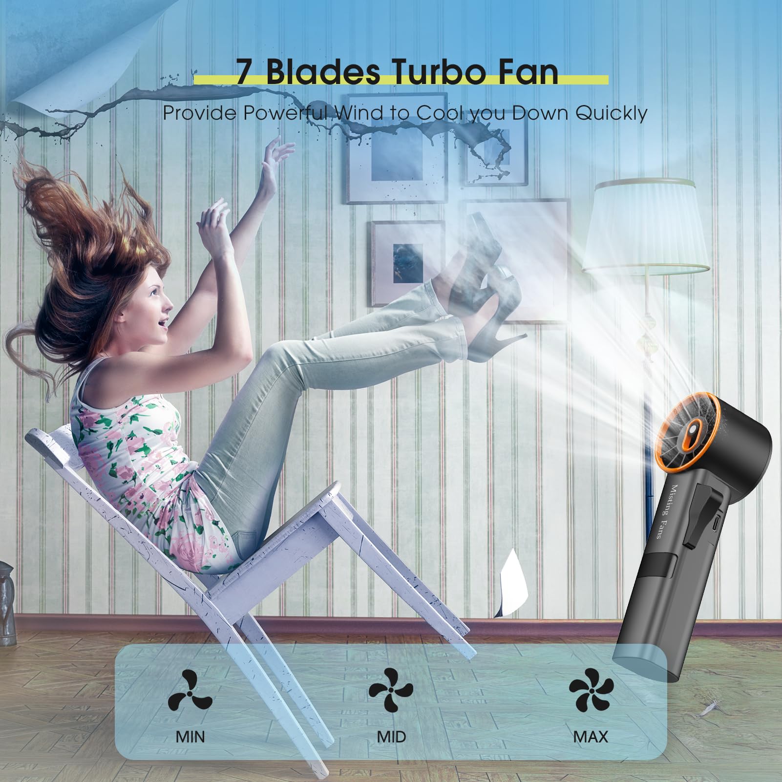 Ausic high-speed handheld misting fan, 3 speeds, turbo airflow, and mist for a refreshing cooling experience