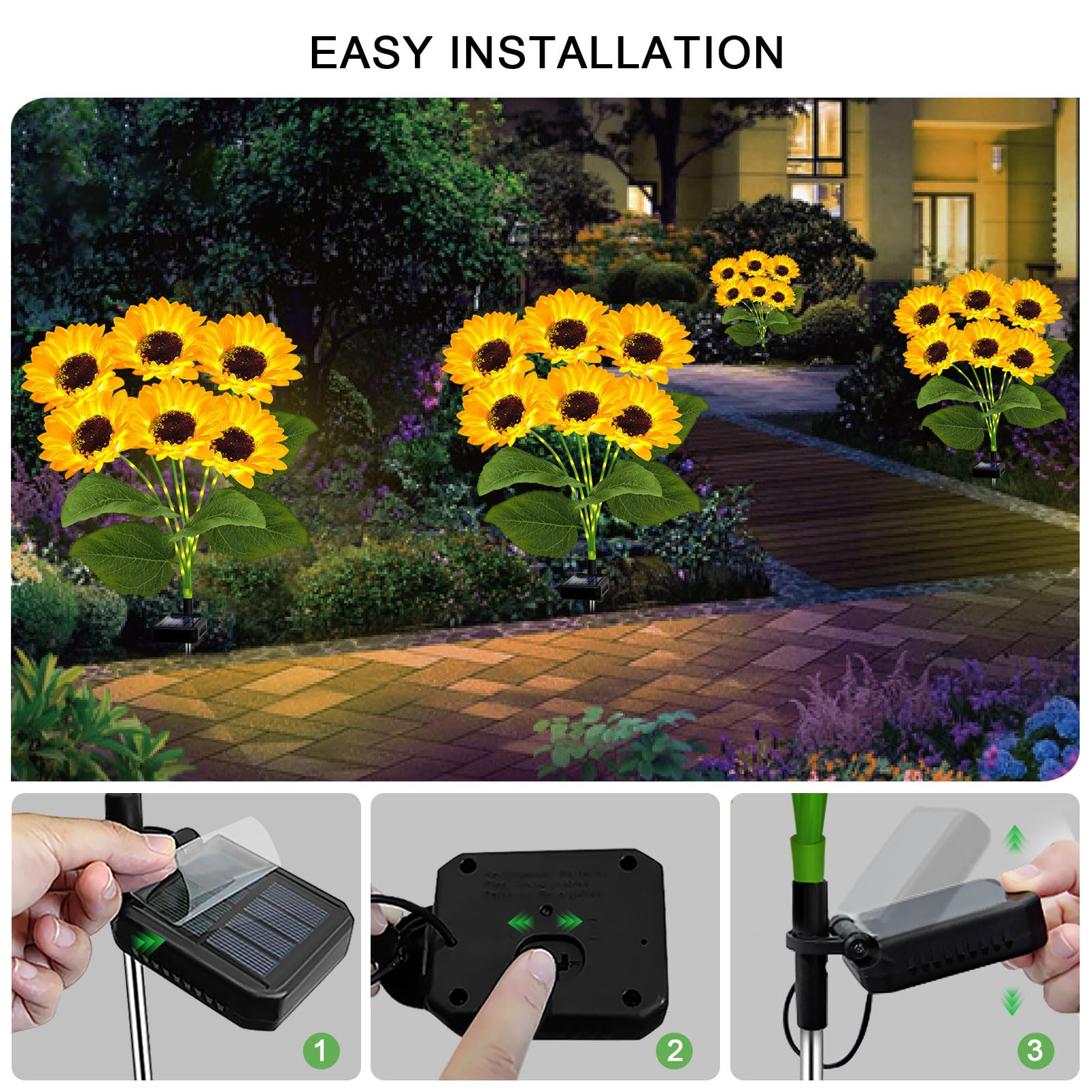 Yulloyello 2 Pack With 12 Solar Sunflower Garden Lights Warm White Led Outdoor Decorative Stake Lights For Yard, Patio, Lawn, Pathway, Ip65 Waterproof, Ideal Gift For Women, Mom, Grandma, Friends