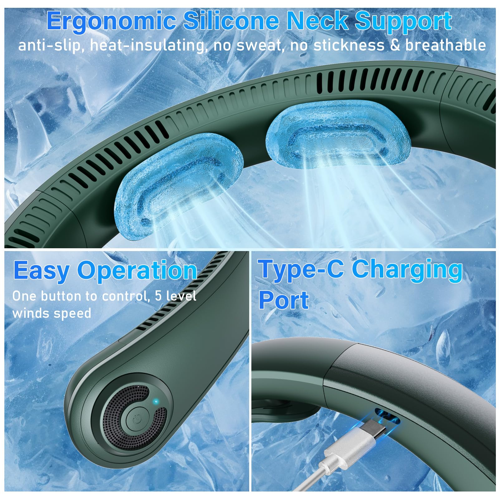 Neck Fan - Portable Neck Fan With Neck Support, 5 Speeds, All Around Airflow, Hand-Free Bladeless