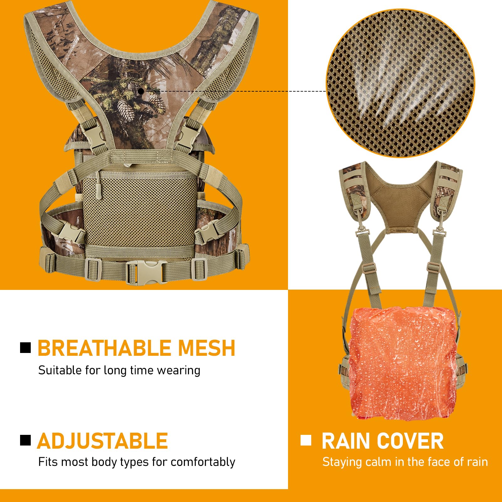 Binocular Harness Chest Pack With Detachable Rangefinder Pouch, Adjustable Bino Harness & Rain Cover, Ideal For Hunting, Hiking - Camo & Quiet L