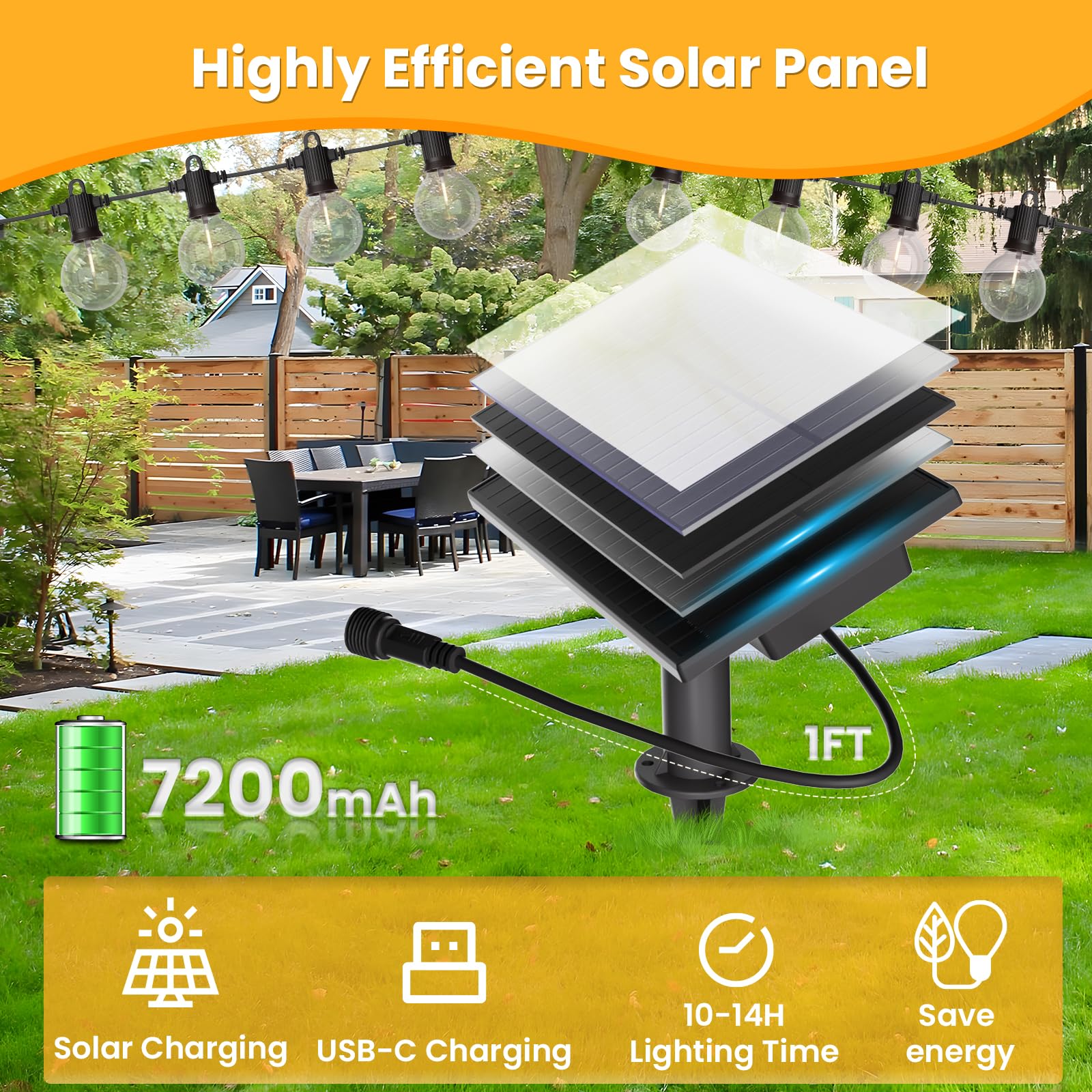 Zotoyi Solar String Lights Outdoor Waterproof Ip65 100Ft With Usb Port And 50+2 Shatterproof G40 Bulbs, Up To 8-12 Hours For Using, Led Solar Powered Patio Lights For Outside, Patio, Porch, 2200K