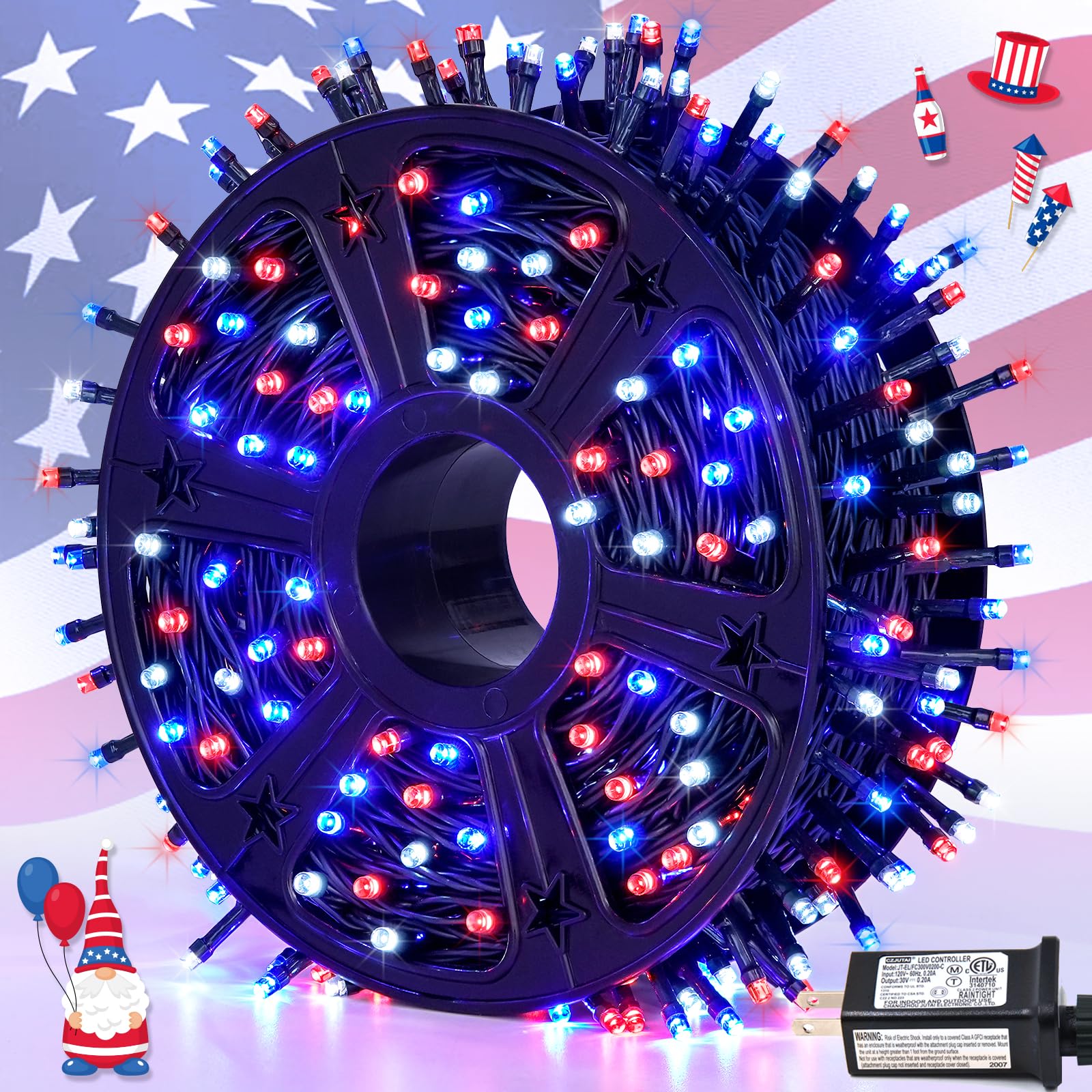 Jmexsuss 500 Led Red White And Blue Lights 4Th Of July Decorations, 173Ft 8 Modes 4Th Of July Lights Outdoor, Waterproof Patriotic String Light Plug In For Memorial Day Independence Day Holiday Decor
