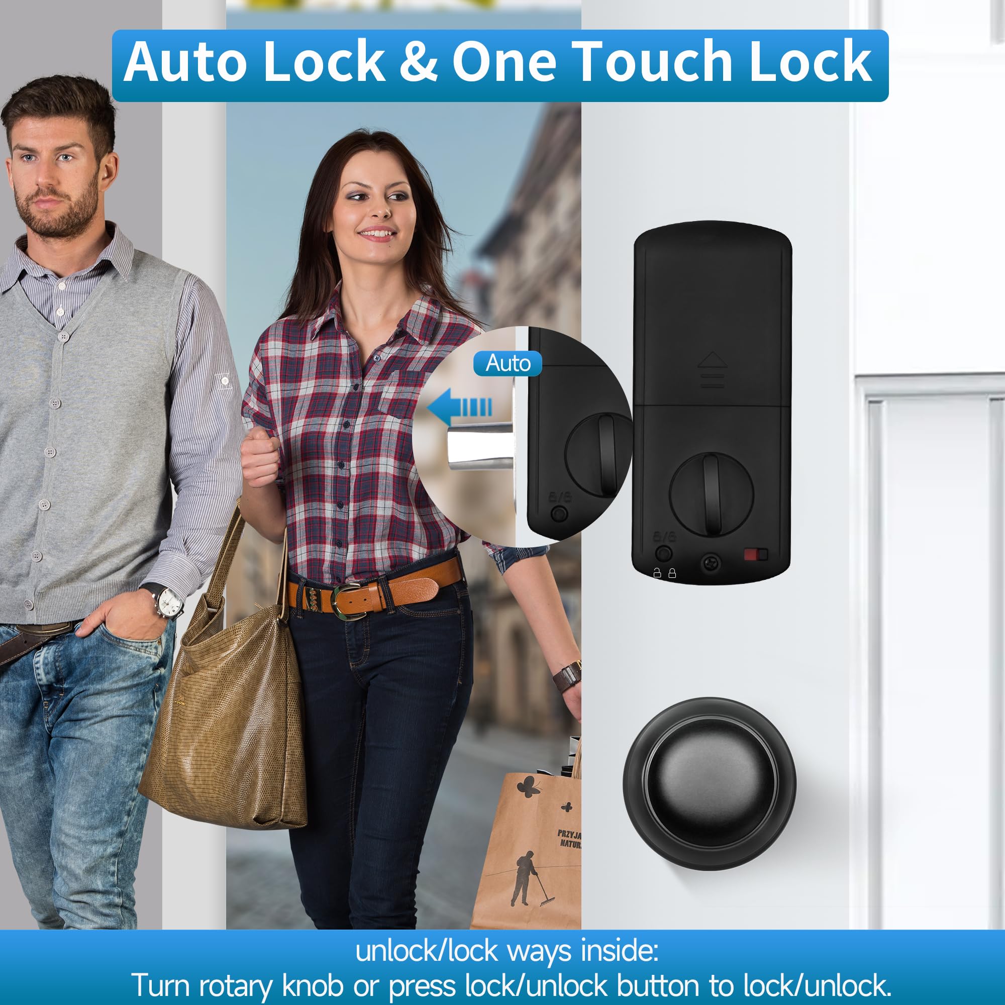 Yosimika Keyless Entry Door Lock With Handle, Fingerprint Deadbolt Door Lock, Smart Door Locks For Front Door, Bluetooth Electronic Digital Keypad Lock, Easy To Install, Black
