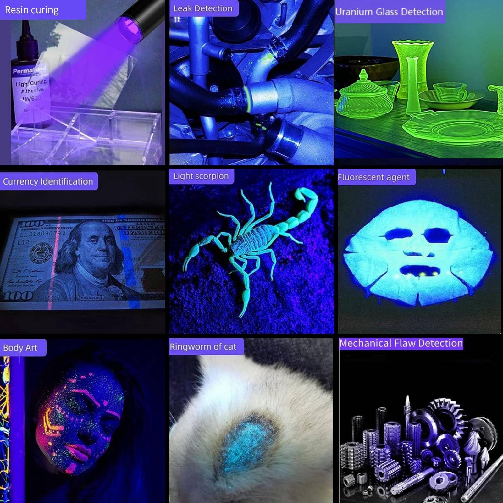 Luxnovaq Uv Flashlight 365Nm & 395Nm Uv Light, Mini Powerful Rechargeable Black Light, Usb Led Ultraviolet Flashlights Pet Urine Detector Light For Resin Curing, Uranium Glass, Rocks, Scorpion, 4 Pack