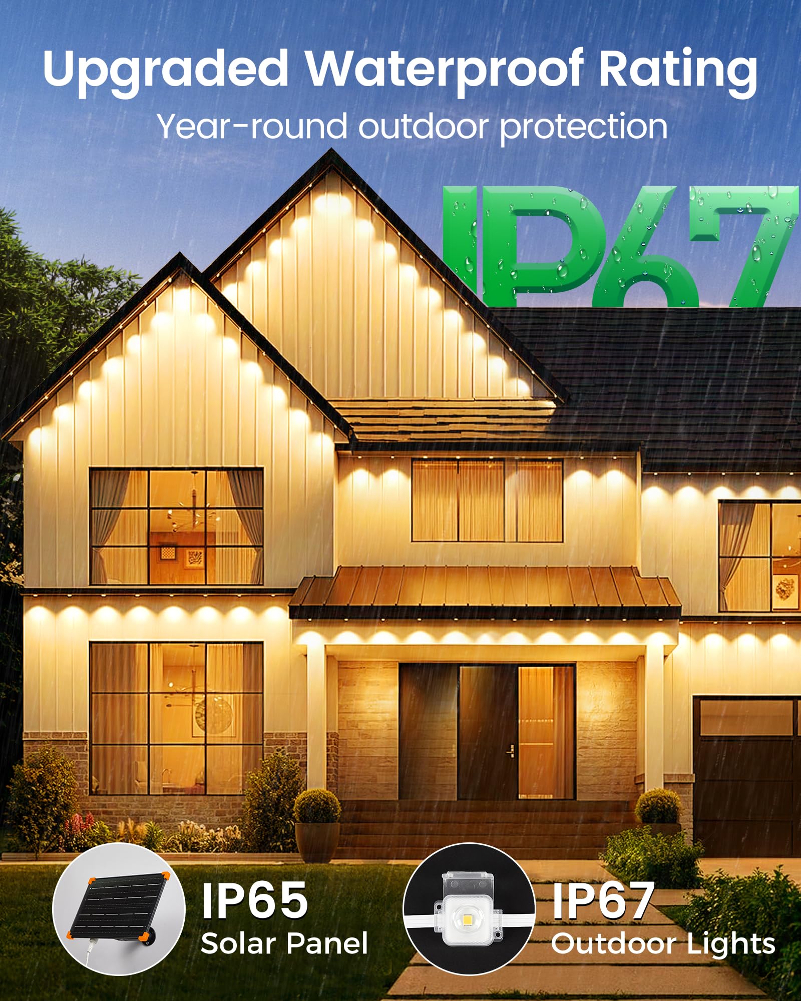 Lifengsoler Permanent Outdoor Lights - 32.8Ft Solar Powered Eaves Lights With 20 Leds, 9000Mah, Ip68 Waterproof For Holiday, Birthday Party, Christmas Decor, Home Safety