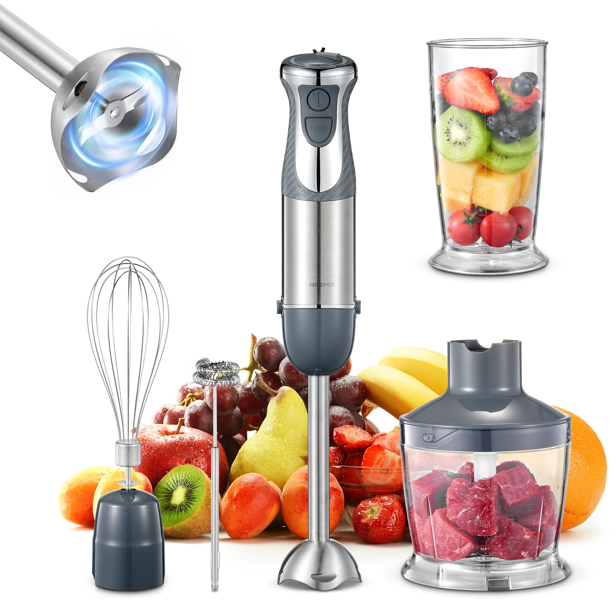 Reemix 5-In-1 Hand Immersion Blender 1000W Handheld Blender With Copper Motor, Stainless Steel Blade, Mixing Beaker, Food Processor, Whisk, Milk Frother For Smoothies, Puree, Baby Food (Gray)