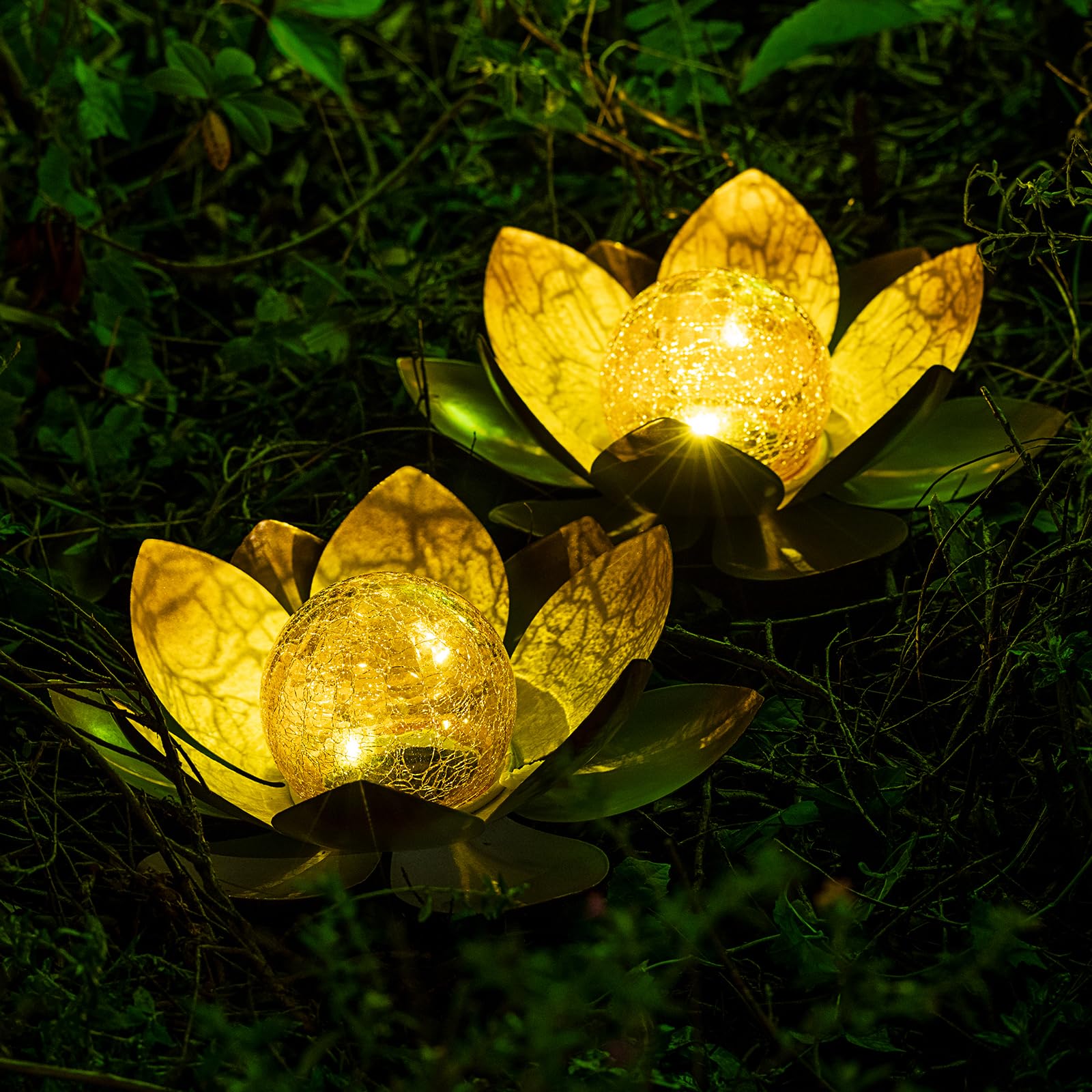 Aiiny Garden Solar Lights Outdoor(2Pack) , Amber Crackle Globe Glass Lotus Decoration , Waterproof Orange Metal Led Flower Lights For Patio,Lawn,Walkway,Tabletop,Ground, Garden For Women