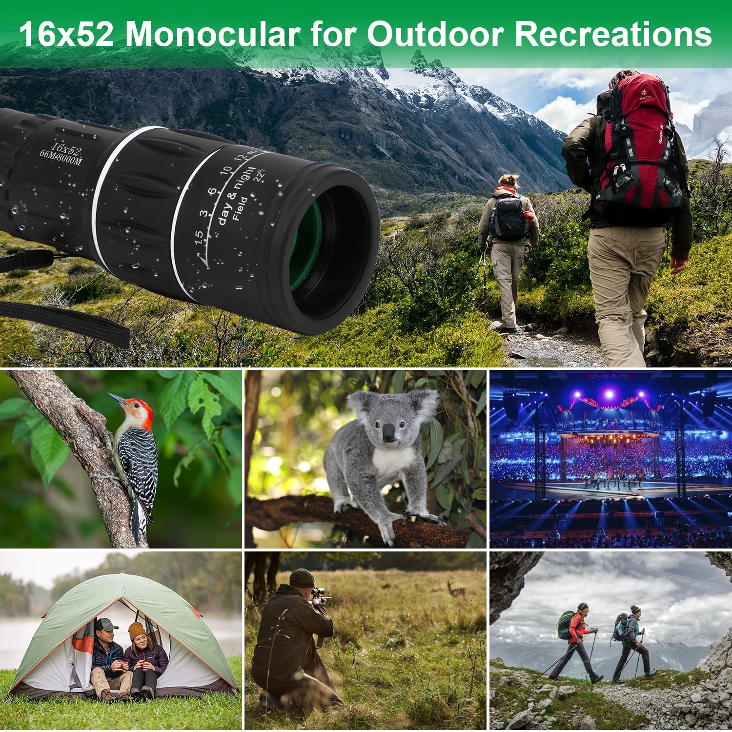 Rongon Monocular Telescope High Definition Monoculars 16X52 High Power Dual Focus Single Binocular Bak-4 Prism And Fmc Lens Compact Monocular Suitable For Hunting/Bird Watching/Wildlife/Travel