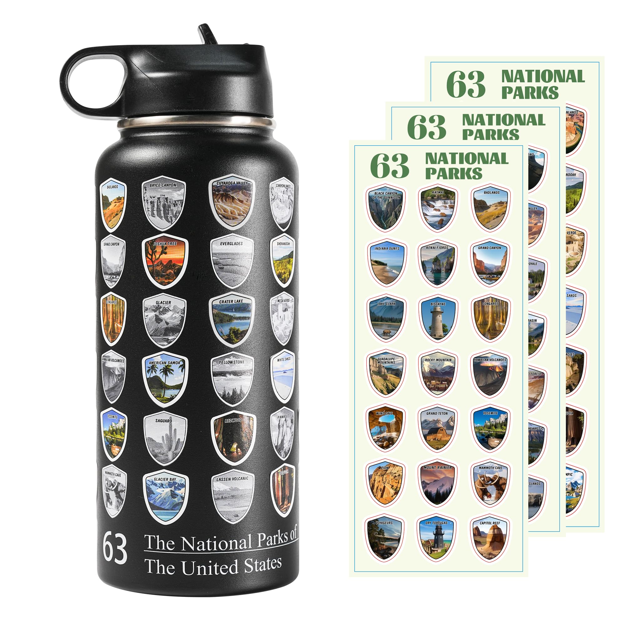63 National Parks Water Bottle With Stickers,3D Printed,32 Oz Travel Insulated Bottles