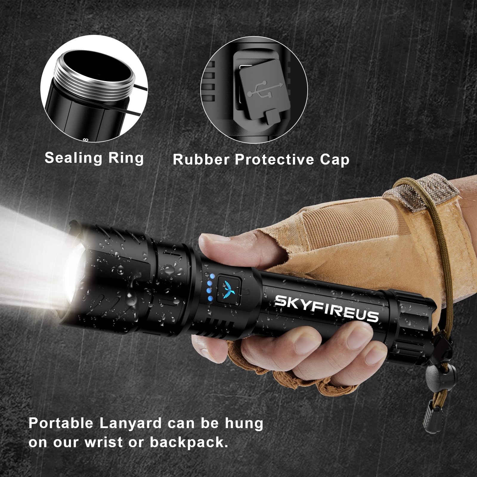 Skyfire Led Flashlight High Lumens,Super Bright Rechargeable Flashlight,Zoomable,Four Modes,Waterproof Flash Light For Camping Essentials,Outdoor And Home Emergencies