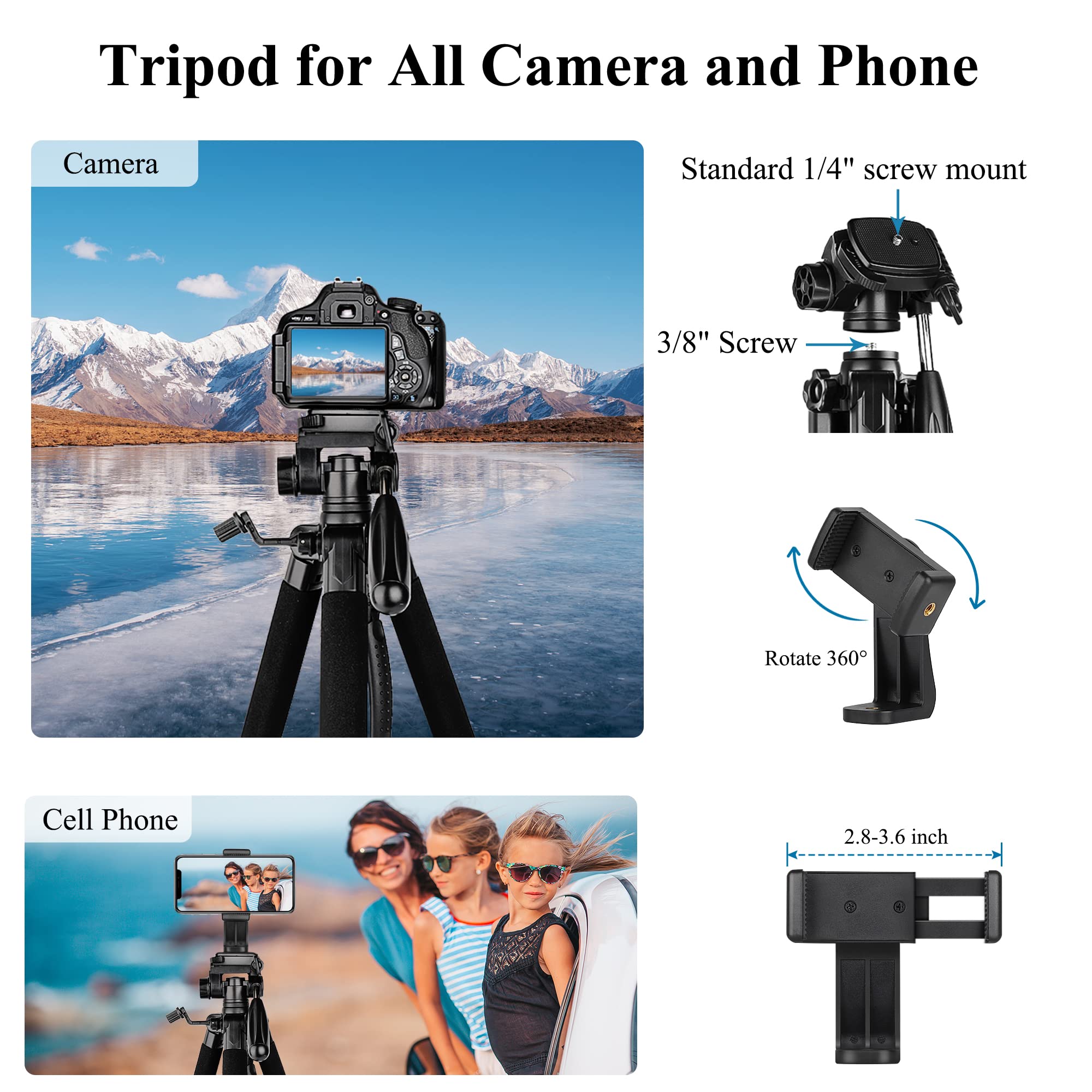 Victiv 74” Camera Tripod, Tripod For Camera And Phone, Aluminum Professional Tripod Stand For Canon Nikon With Carry Bag And Phone Holder, Compatible With Dslr, Iphone, Spotting Scopes, Max Load 9.5Lb