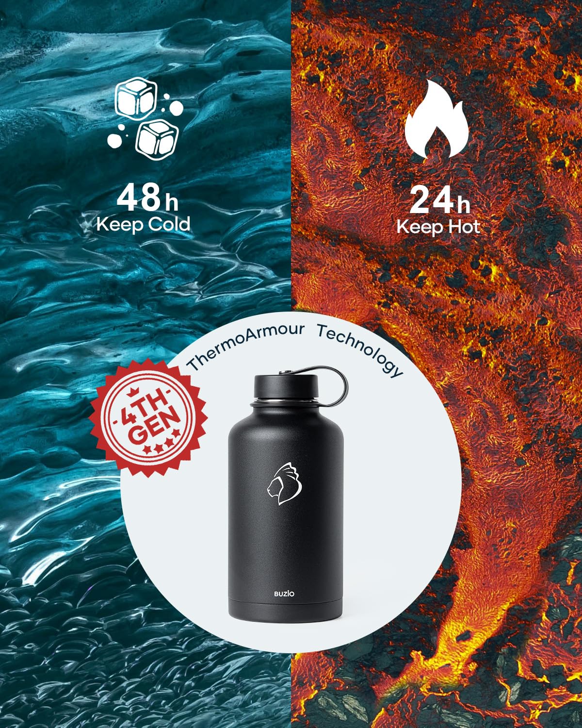 Buzio Vacuum Insulated Stainless Steel Water Bottle 64Oz (Cold For 48 Hrs/Hot For 24 Hrs)