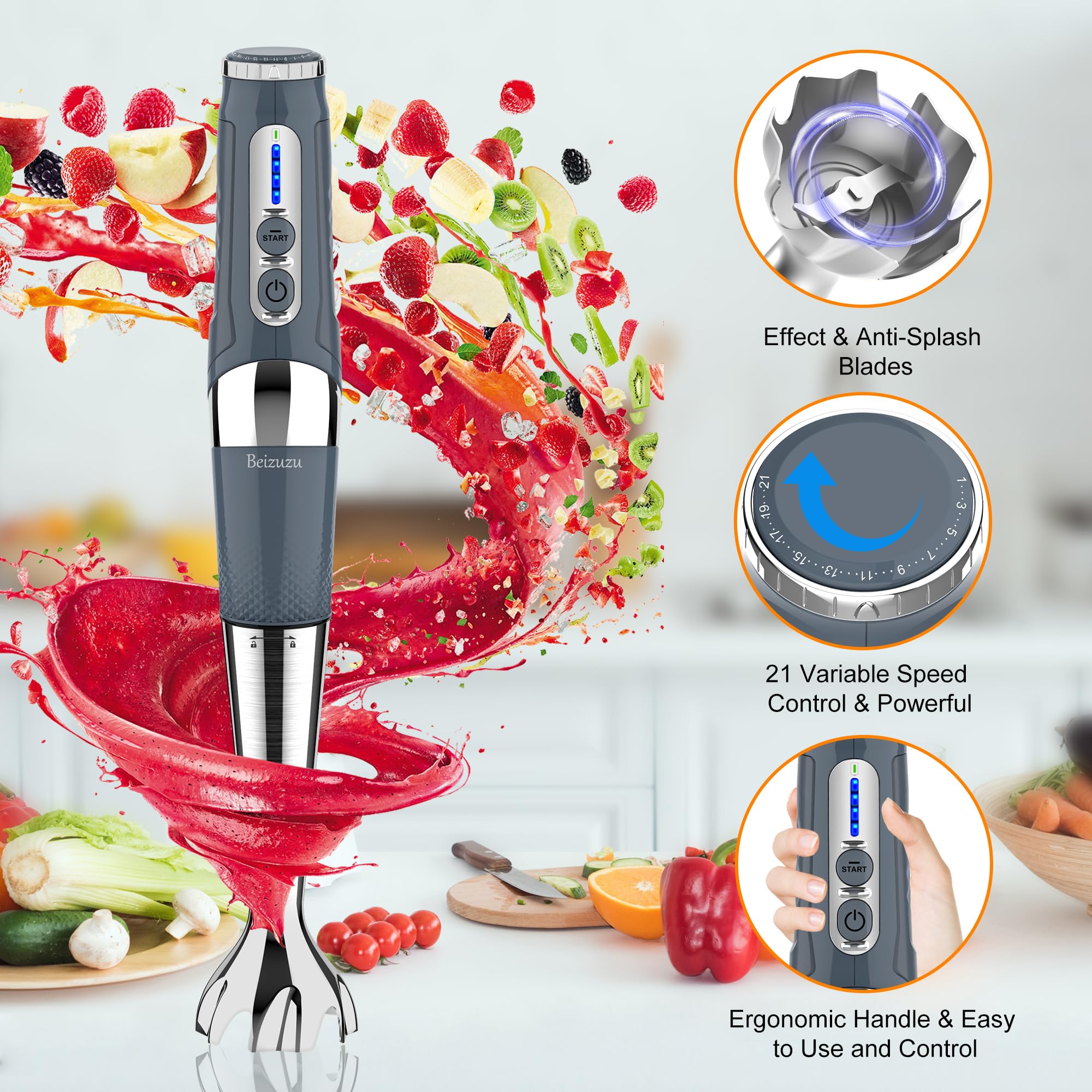 Beizuzu Cordless Immersion Blender: 4-In-1 Rechargeable Cordless Hand Blender, 21-Speed & 3-Angle Adjustable With Chopper, Beaker, Whisk, Beater For Milkshakes Smoothies Soup Baby Food (Grey)