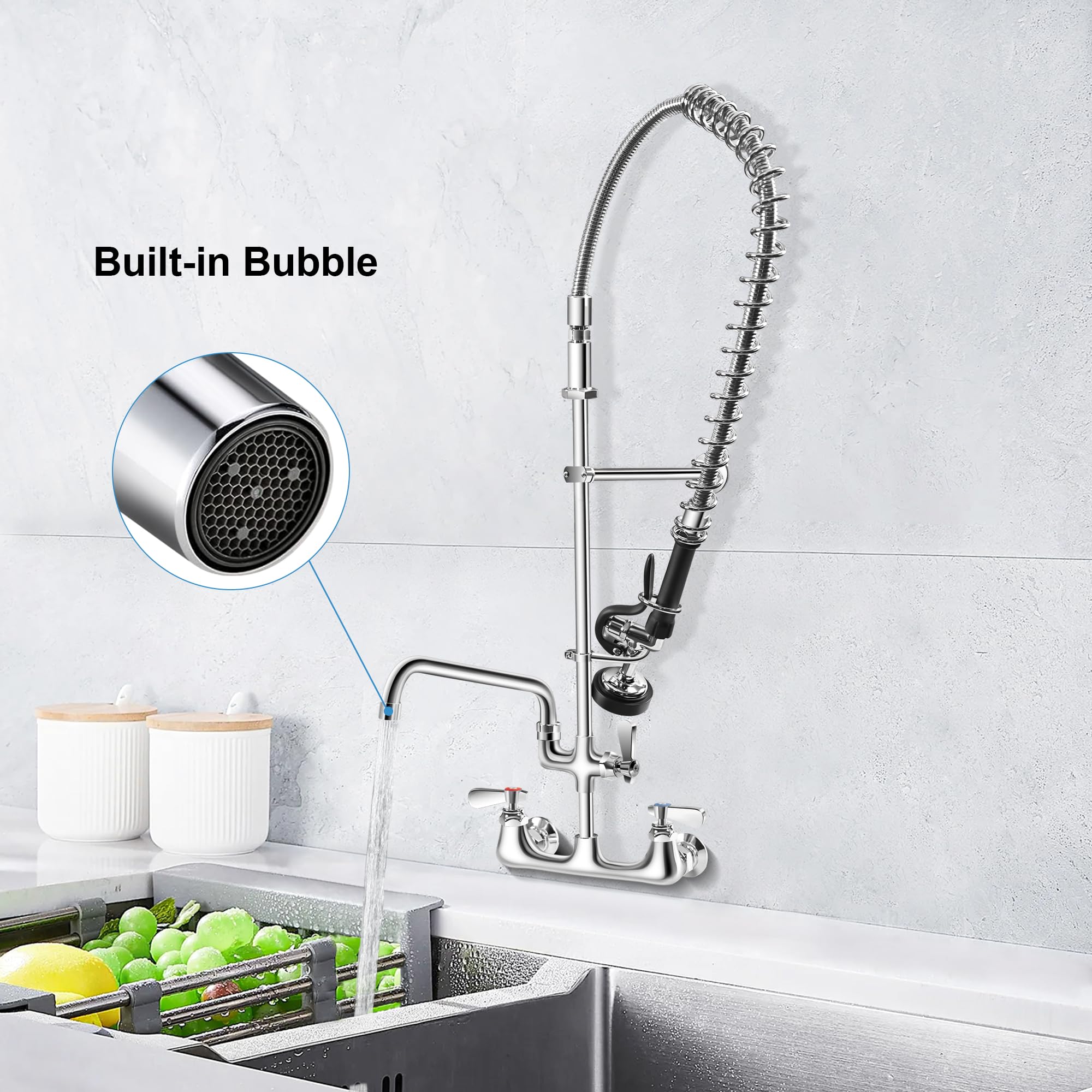 Hardura Restaurant Equipment Hardura Commercial Sink Faucet With Sprayer Wall Mount For Utility Sink, Kitchen Faucet Lead- Brass With 8" Center And 12" Swing Spout, 36" Adjustable Sprayer With 1.42 Gpm Flow Rate