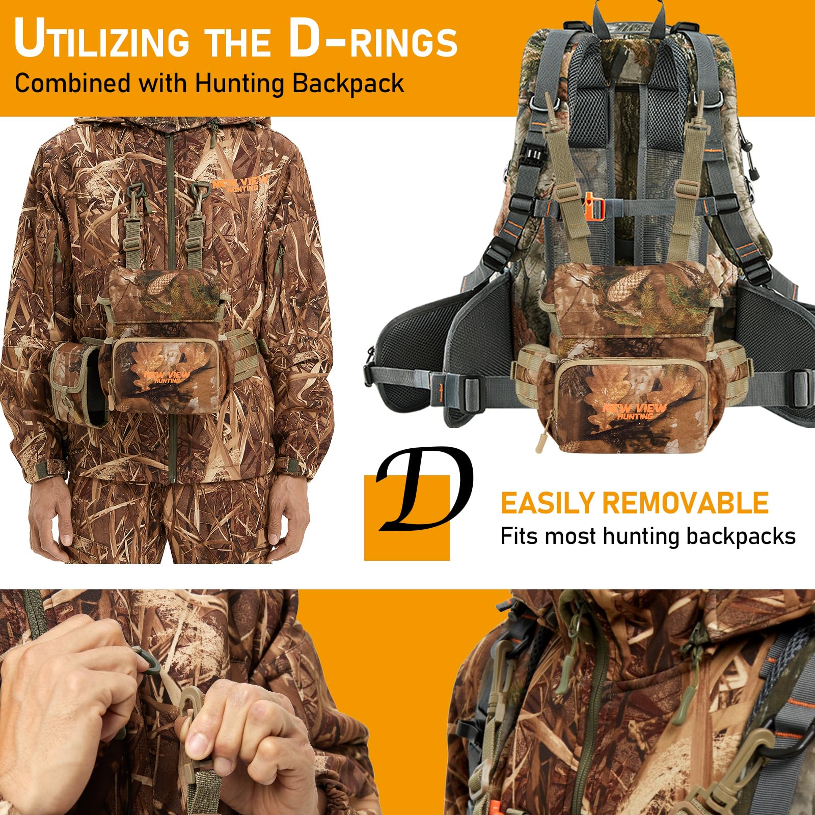 Binocular Harness Chest Pack With Detachable Rangefinder Pouch, Adjustable Bino Harness & Rain Cover, Ideal For Hunting, Hiking - Camo & Quiet L