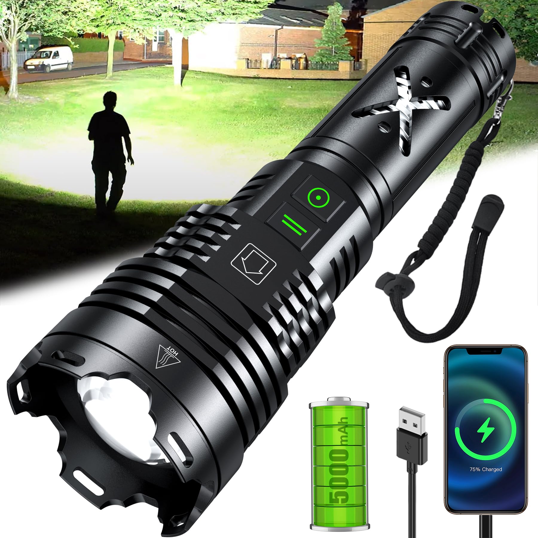 Gehavin Rechargeable Led Flashlights 2500.000 High Lumens,Super Bright Flashlight True,Powerful Utility Flashlight Up To 24H Long Battery Life Zoomable 6 Light Modes Ip67 Water Resistant For Home Camping